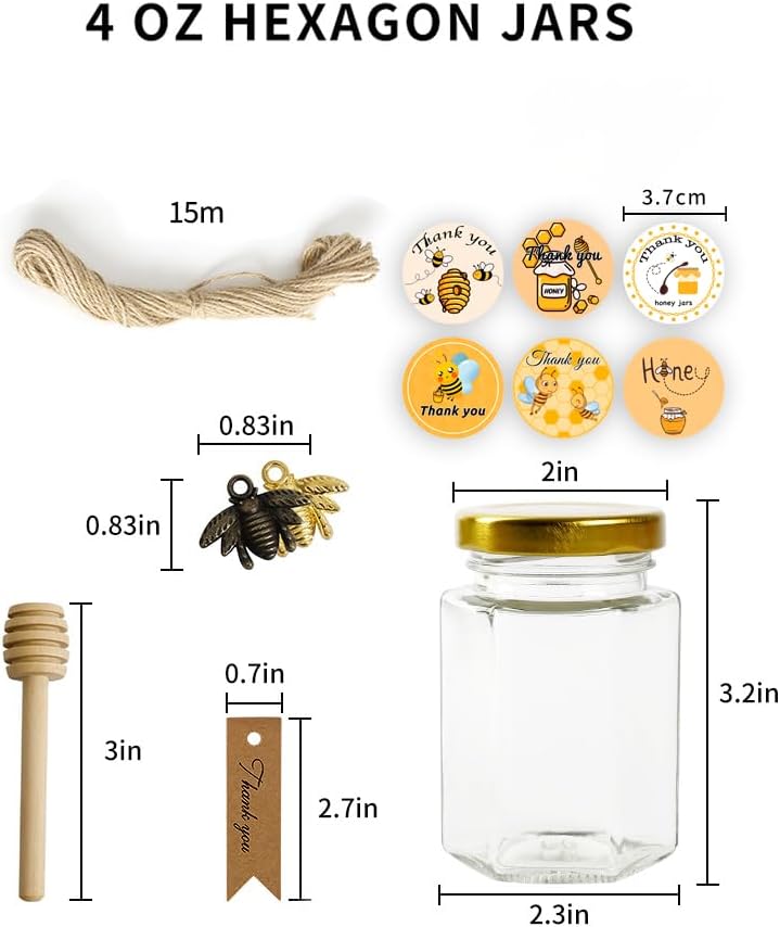 12 Pack 4oz Glass Hexagon Honey Jars Golden Lids - Extra Wooden Honey Dipper Sticks, Bee Charms, Tag String, Thank You Gift Tags, Stickers (Bronze 12 Sticker)