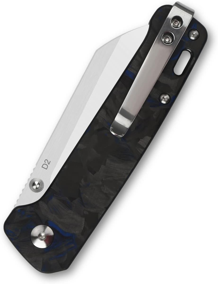 QSP Penguin Folding Pocket Knife – Rugged D2 Blade EDC Knife – Premium Micarta Handle – Smooth One-Hand Open – Deep Carry Clip – Left/Right-Handed Friendly (Blue Shredded Overlay Black)