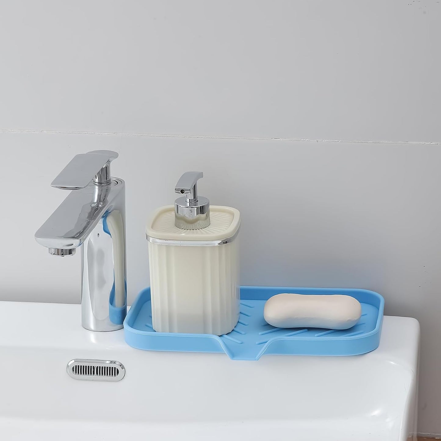 Silicone Bathroom Soap Dishes with Drain Spout-Bathroom and Kitchen Sink Organizer,Sponge Holder,Dish Soap Tray,Perfect for Dispenser,Scrubber,Bottle on Sink or Counter-Light Blue 9.6"×5.3"