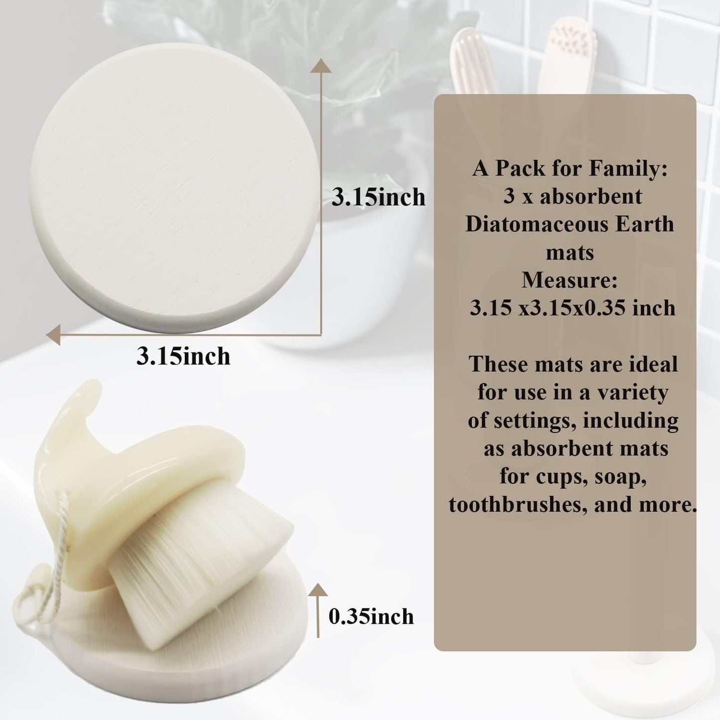 Mucco Water Absorbing Stone Tray for Sink, Water Absorbent Diatomite Coasters, Premium Diatomaceous Earth Soap Holder Dish,Fast Drying Stone Sink Tray for Hand soap & Cups & Drinks Bottles (3 White)