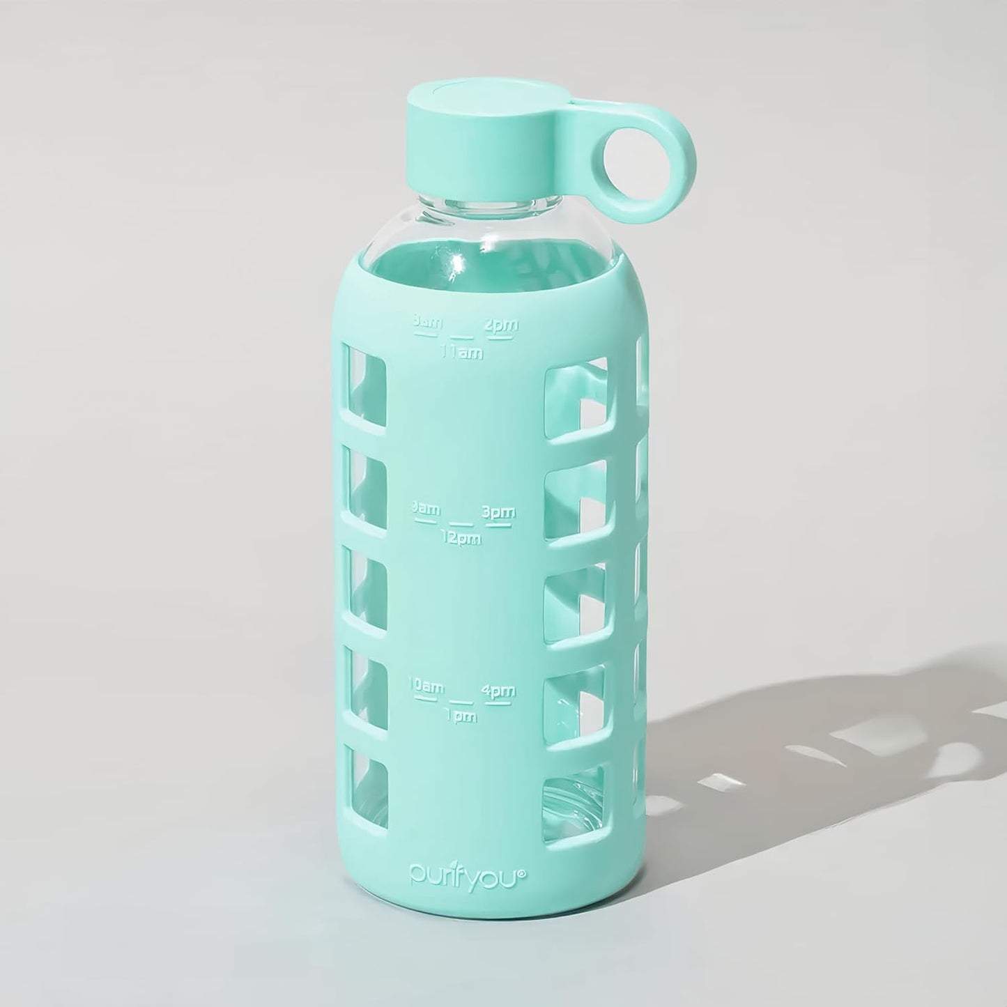 purifyou 40oz / 32oz / 22oz / 12oz Borosilicate Glass Water Bottle with Time & Volume Markers, Silicone Sleeve, Stainless Steel Lid – Reusable Glass Bottle for Water & Juice (22oz Glow-in-the-Dark)