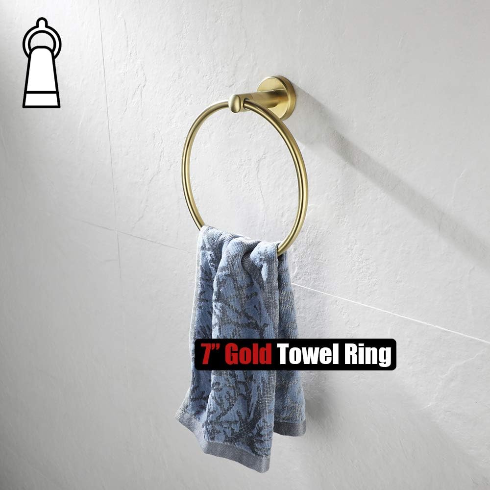 JQK Towel Ring Brass Gold, 304 Stainless Steel Hand Towel Holder for Bathroom, Brushed Gold Wall Mount, TR130-BG
