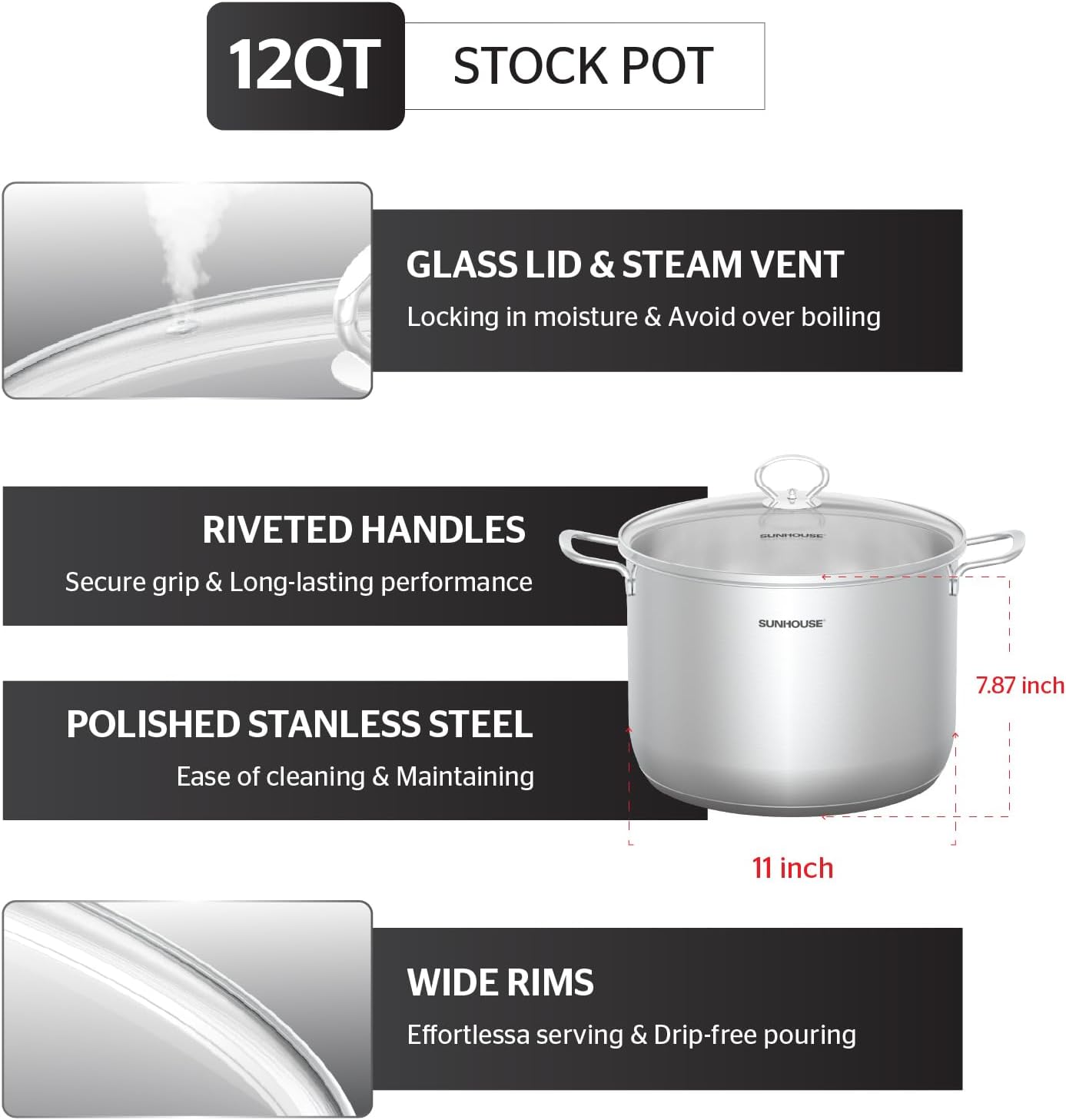 SUNHOUSE Stainless Steel Stock Pot – 12.6 Quart Heavy-Duty Induction Cooking Pot with Glass Lid for Pasta, Soup, Spaghetti – Thick-Bottom Large Stockpot for Boiling, Simmering, Canning