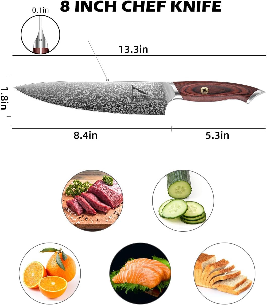 8" German Damascus Chef Knife with Redwood Ergonomic Handle, Textured Anti-Stick Blade, Rustproof Kitchen Knife for Effortless Chopping, Premium Gift Box