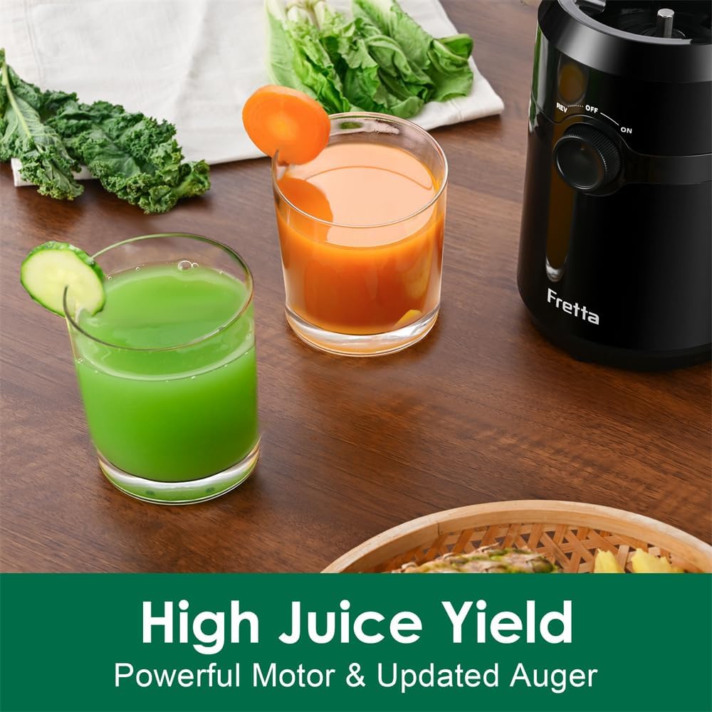Cold Press Juicer Machines,Fretta Slow Masticating Juicer Machines with 4.25" Large Feed Chute,Fit Whole Fruits & Vegetables Easy Clean Self Feeding,High Juice Yield,BPA Free (Black)