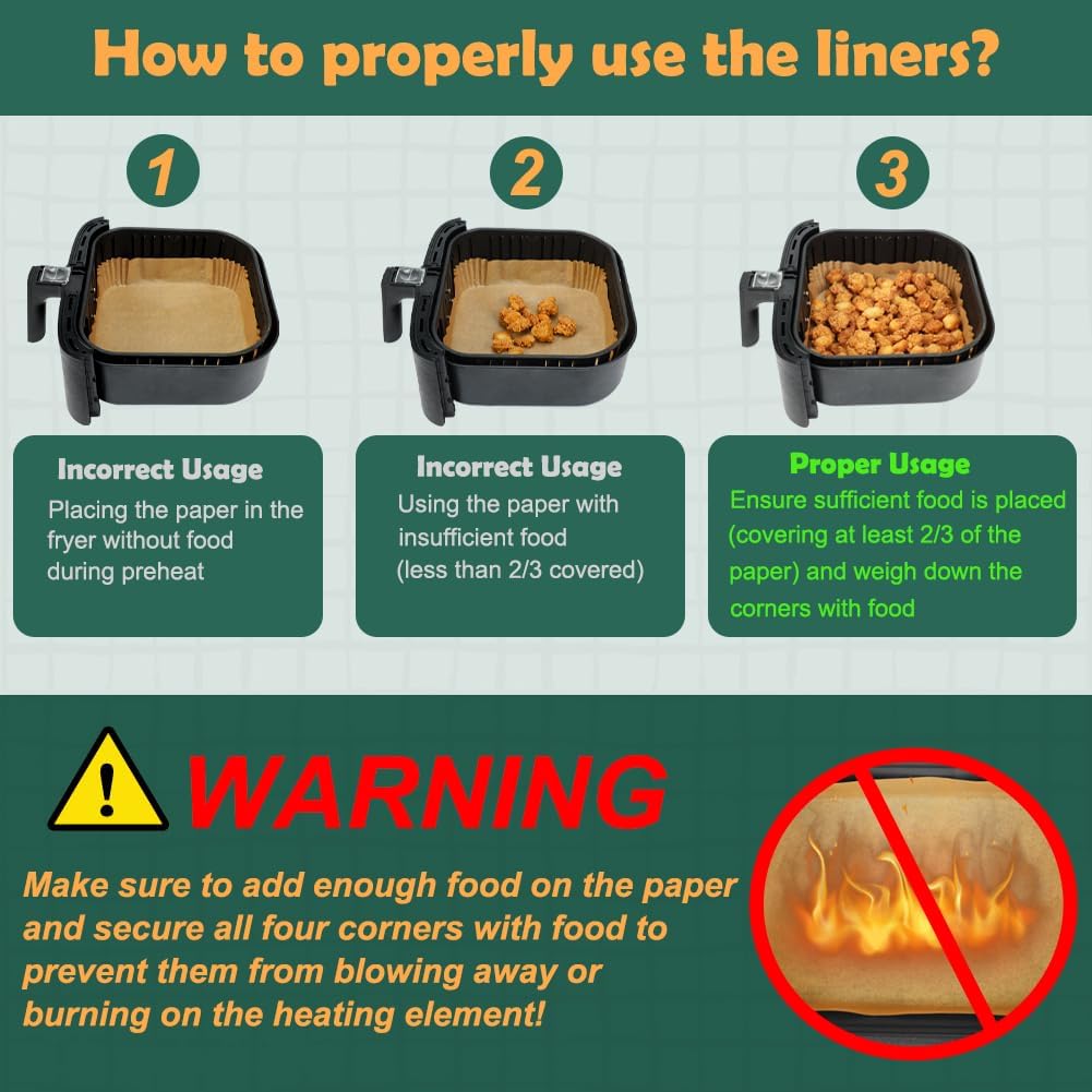 BYKITCHEN Large Air Fryer Liners, Set of 100, 10 Inch Square Air Fryer Liners, XL Airfryer Disposable Paper Liner, Compatible with Corsori, Ninja, Gourmia Airfryer and More