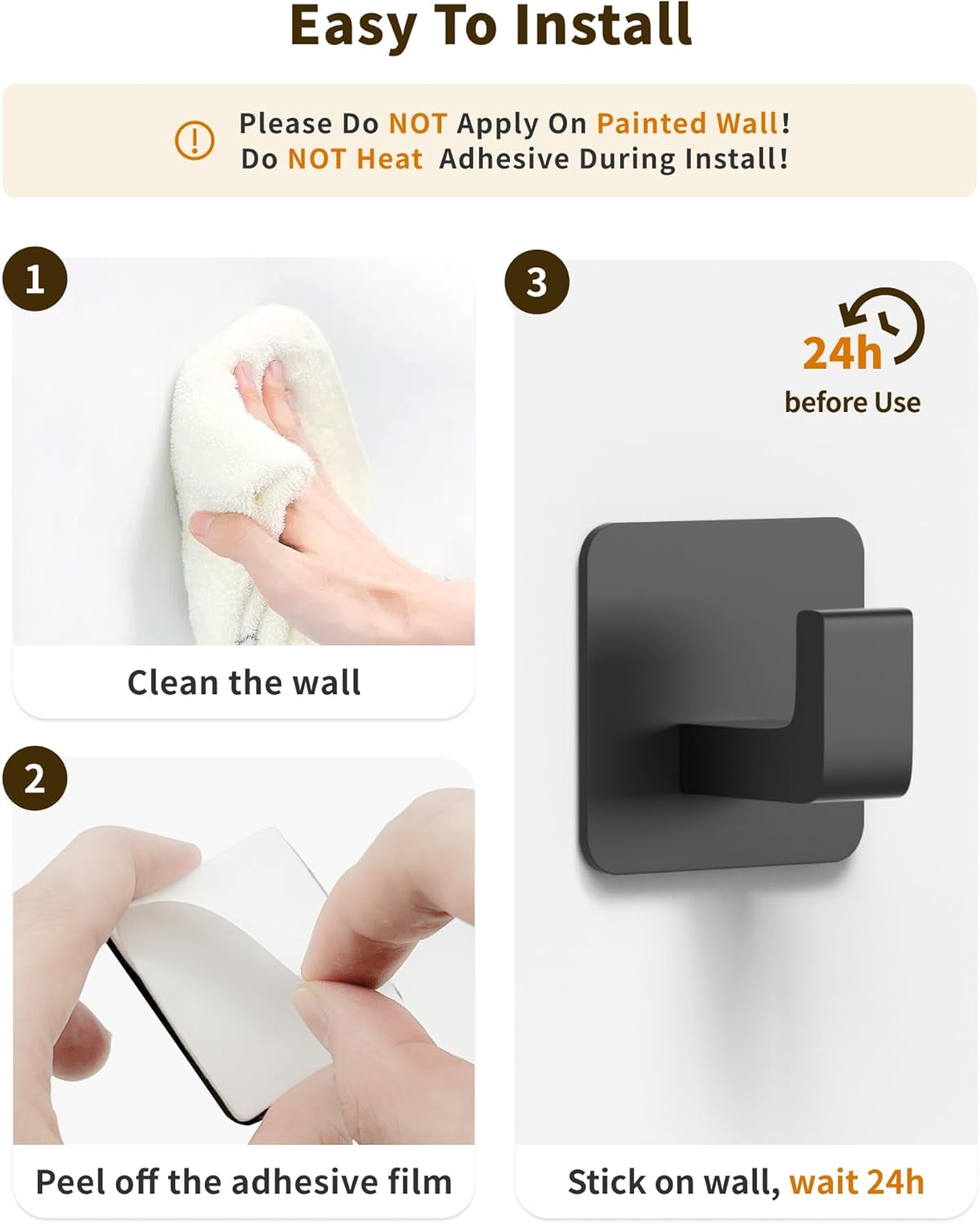 Square Self Adhesive Towel Hooks - 6 Pack Matte Black Metal Hooks, Right-Angle Design for Towels, Robes & Hats, Organize Bathroom, Kitchen, Entryway, Doors, Cabinets on Smooth Surfaces