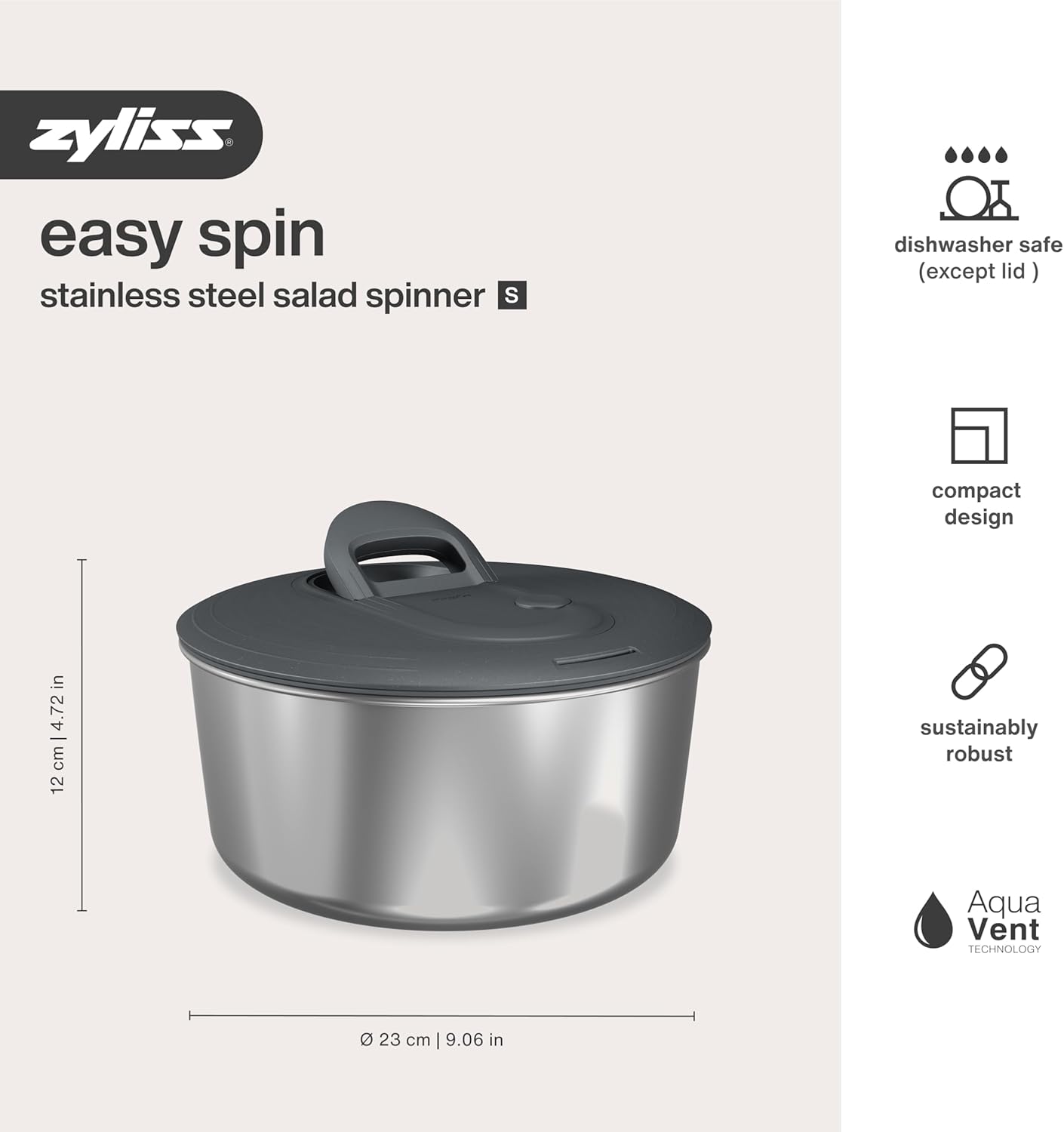 Zyliss Easy Spin Salad Spinner - Fruit & Veggie Dryer - Produce Spinner & Cleaner for Salad Prep - Dishwasher-Safe Kitchen Essential - Non-Slip Bowl with Pull Handle - New Stainless Easy Spin Small