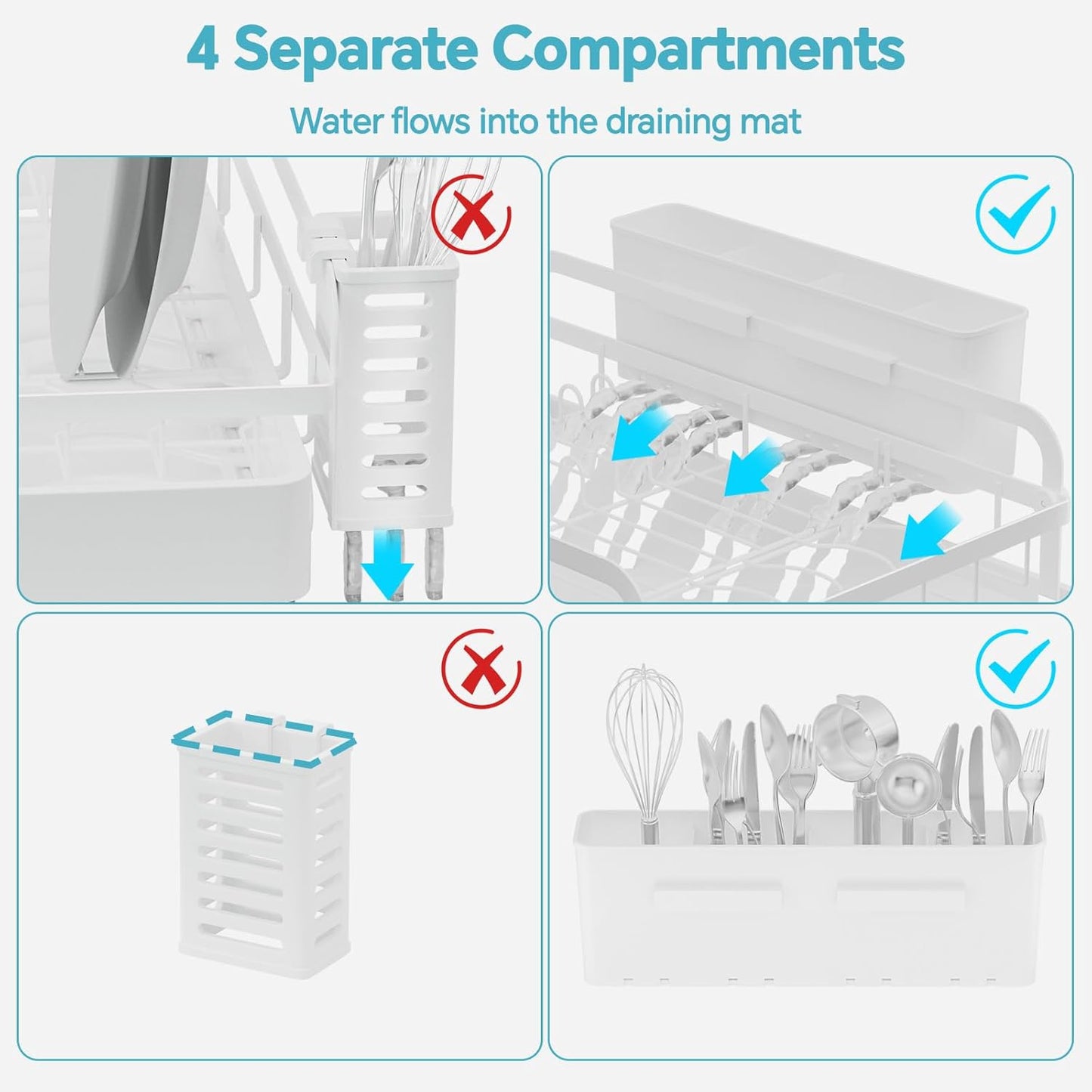 Dish Drying Rack Kitchen - Dish Racks for Kitchen Counter Space-Saving, Dish Drainer with Automatic Drain and Adjustable Spout, Dishwasher Rack with Cutlery Holder, Easy to Install, White