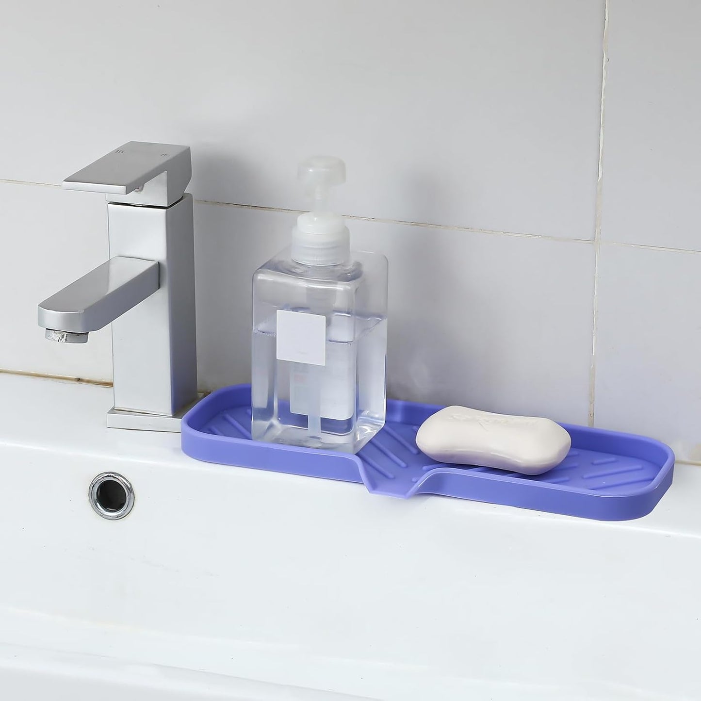 Silicone Bathroom Soap Dishes with Drain Spout-Bathroom and Kitchen Sink Organizer,Sponge Holder,Dish Soap Tray,Perfect for Dispenser,Scrubber,Bottle on Sink or Counter-Light Purple 12"×4"