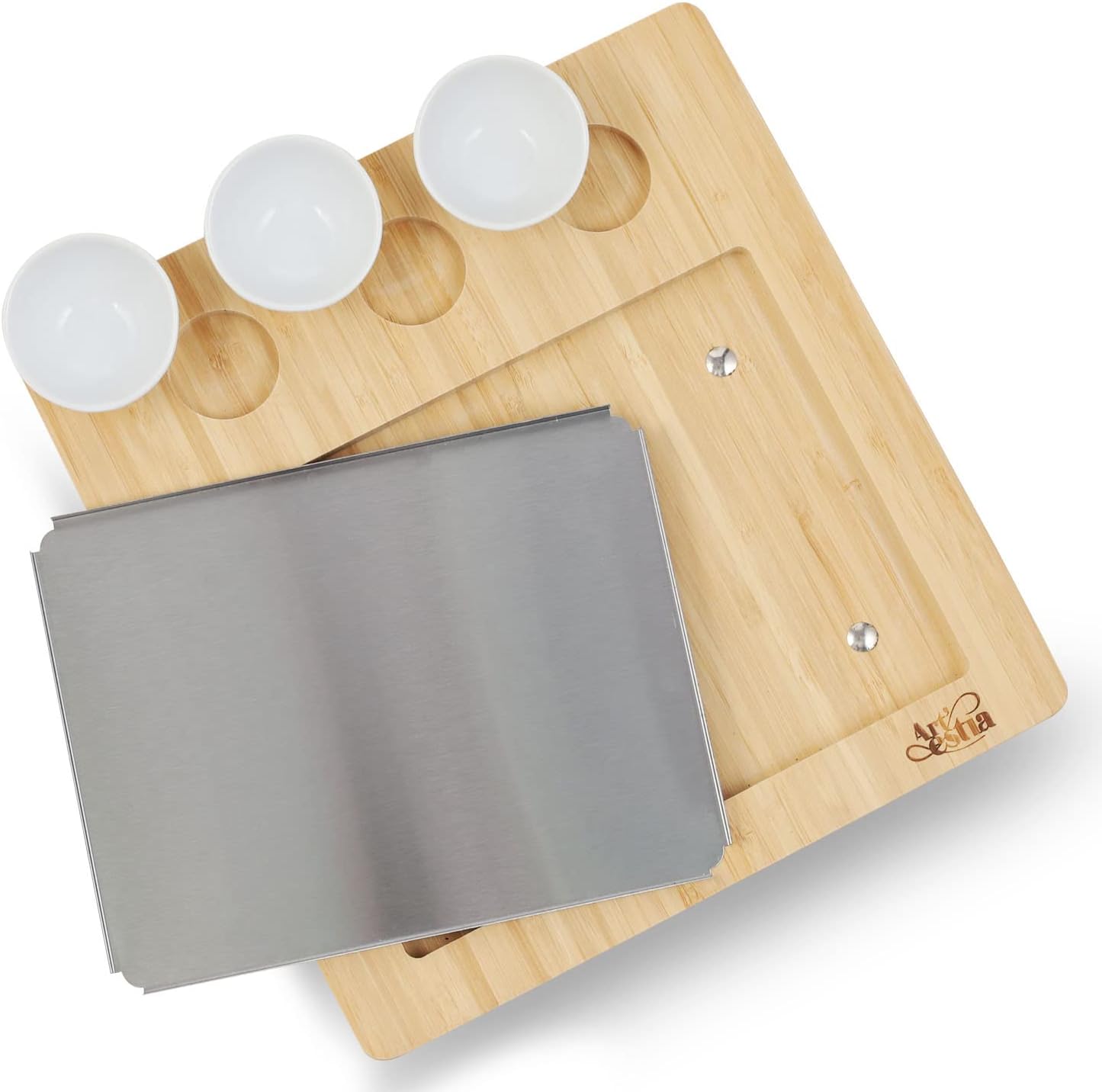 Artestia Bamboo Platter Replacement for AR-88023, 1 Stainless Steel Tray + 3 Ceramic Cups + 1 Bamboo Serving Tray, No Stones Included