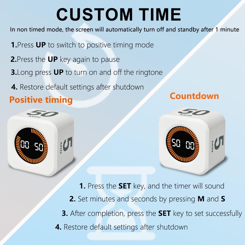 Visual Rotating Timer with 5, 10, 25 50 Minutes Preset, Desk Cube Count Down/up Timer, Rechargeable Custom-time Mute/Sound, Ideal for ADHD Work Learning Kitchen, White