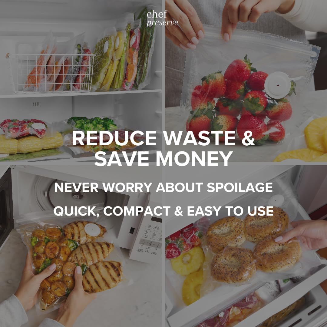 Chef Preserve Reusable Vacuum Sealer Bags for Food – 30 BPA-Free Large (12 x 13 in) Food Storage Bags, Freezer, Microwave – Odor-Resistant, Leak-Proof – Compatible with Chef Preserve Vacuum Sealers