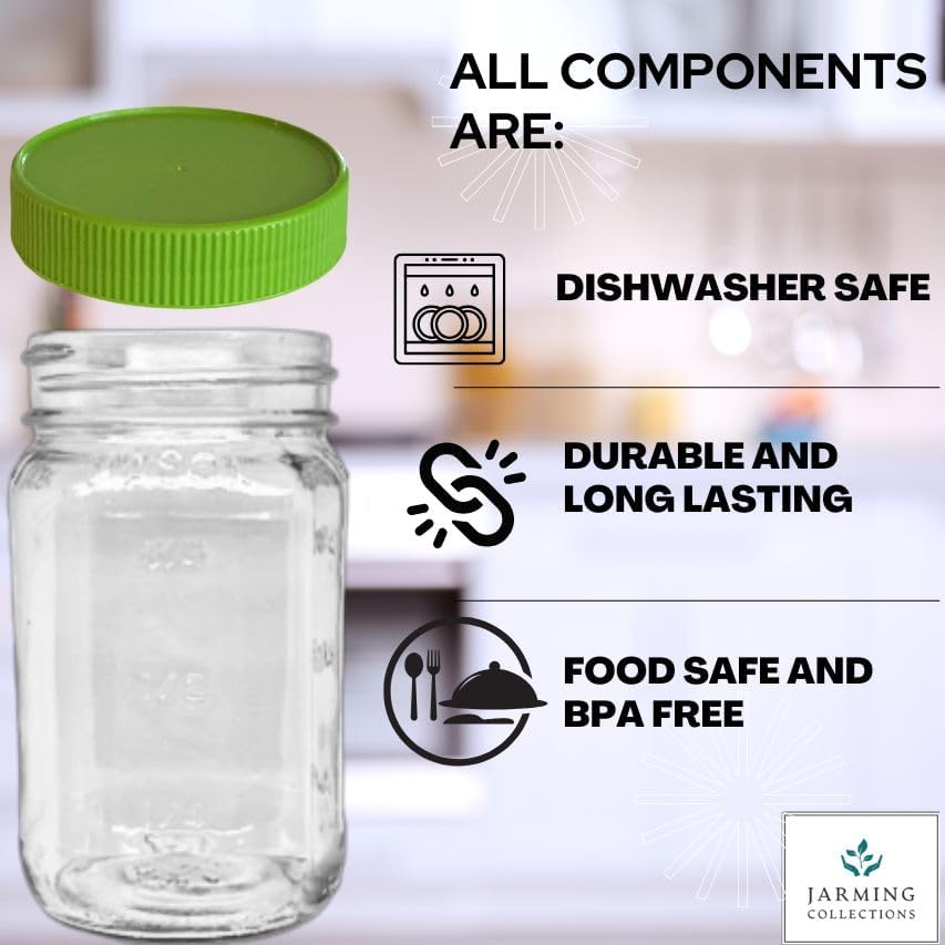 JARMING COLLECTIONS 16oz Glass Mason Jars with BPA-Free Plastic Lids – Regular Mouth Pint Mason Drinking and Storage Jars for Kitchen, Pantry, Canning, and Food Storage
