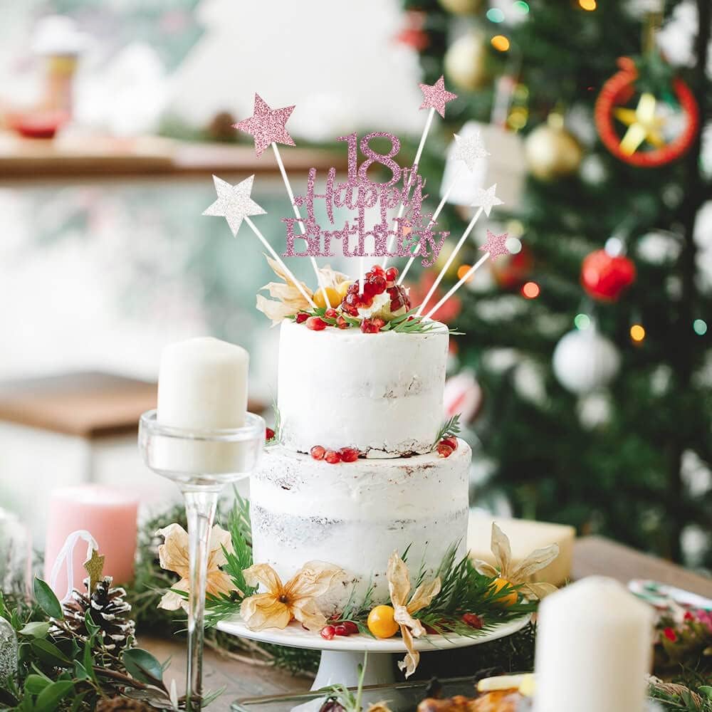 Glittery 18th Happy Birthday Cake Topper with Star,Personalised 18 Birthday Cake Toppers Party Decorations Party Supplies for Boys Girls Rose Gold