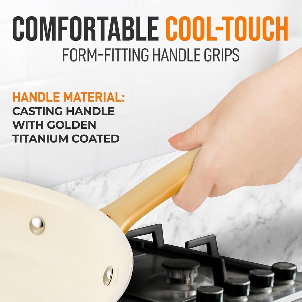 NutriChef 12-Inch Professional Ceramic Frying Pan With Lid - Large Skillet with Golden Titanium Handle, Non-Stick Ceramic Coating, Stain-Resistant, Easy to Clean, Ideal for Home Cooking