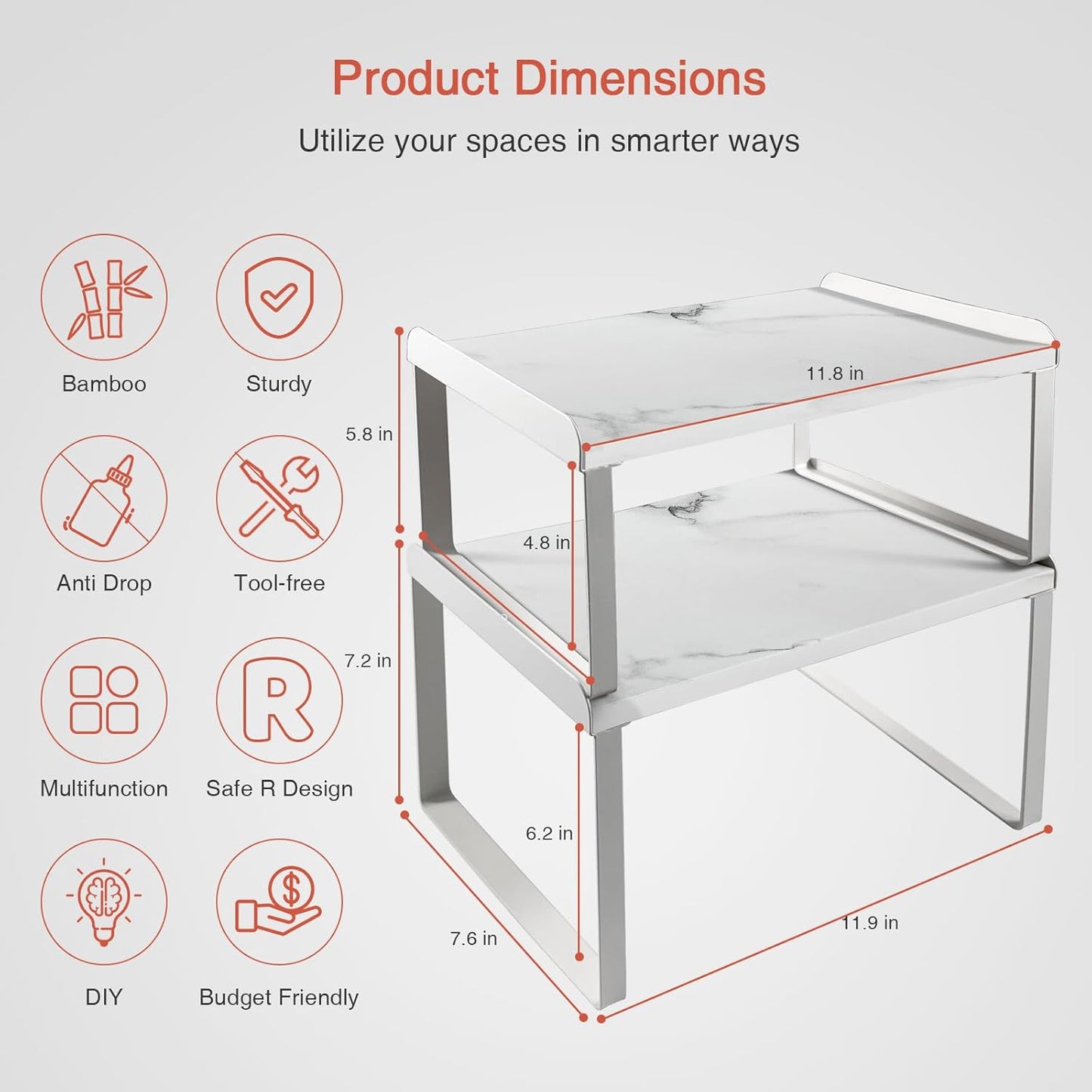 White Marble Kitchen Counter Shelf Organizer, Modern Dish Plate Organizer for Cabinet Space Saver, Small Wood Stackable 2 Tier Office Desktop Shelf Risers for Books Monitor - Set of 4