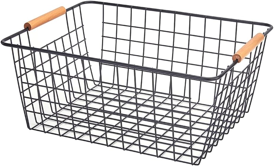 LeleCAT Large black wire baskets for Organizing with Wooden Handles for storage pantry, Storage Organizer Baskets, Household Snack Basket for Cabinets, Closets, Bedrooms, kitchen - Set of 2(Black)