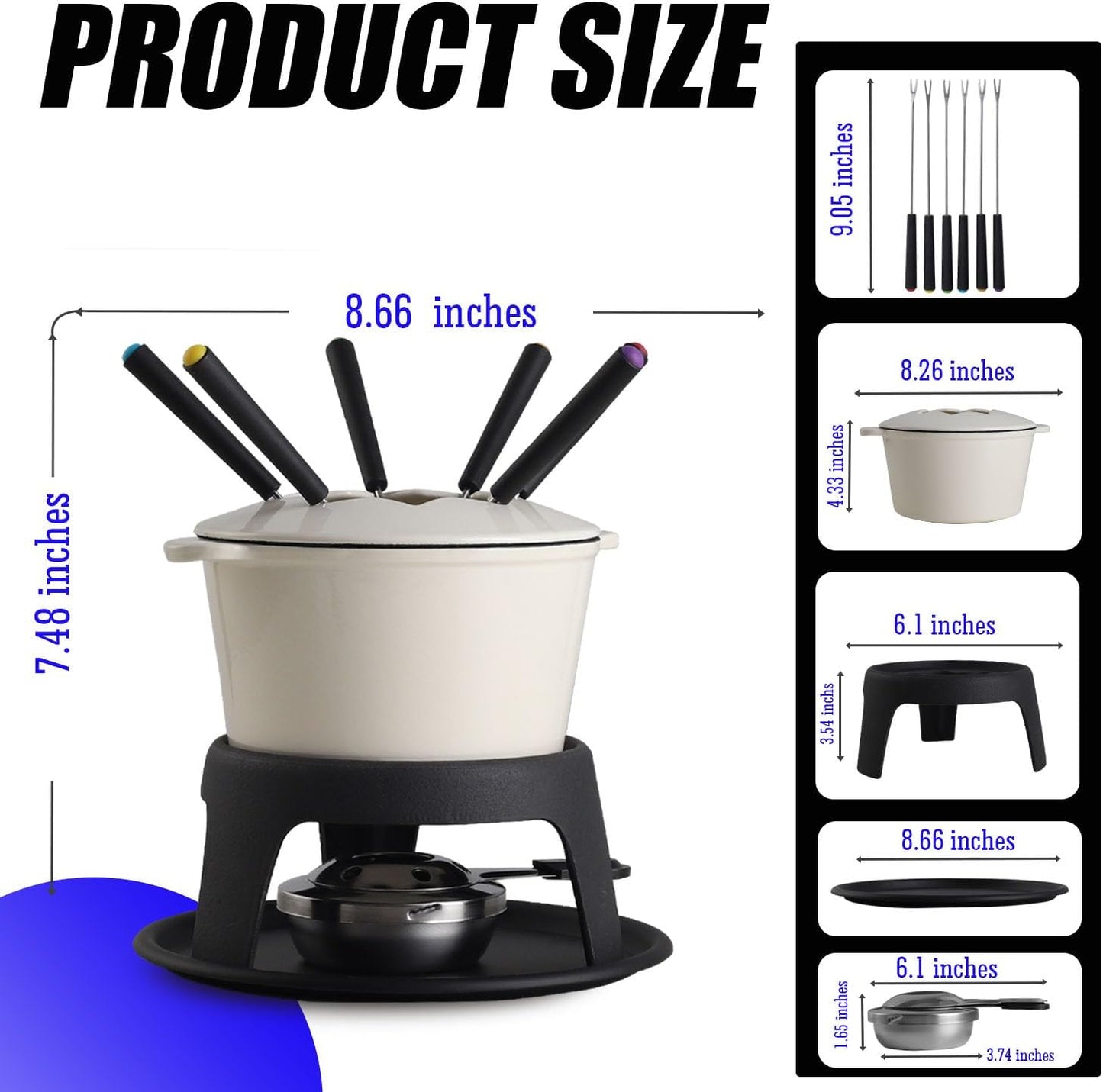 Artestia Cast Iron Fondue Pot Set for Chocolate Cheese Swiss Fondue Set for Meat with 6 Fondue Forks, Cheese Camping Fondue Set Serve 6 Persons(White)