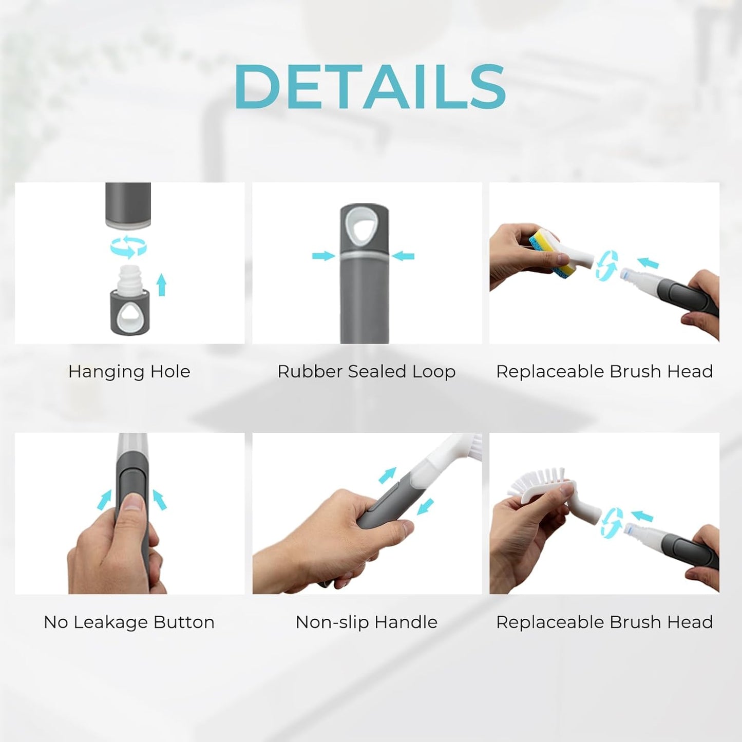 Dish Brush with soap Dispenser,4 PCS Replacement Brush Refills dishwashing Brush Set for Kitchen Utensils, Pans, Sinks, cookware