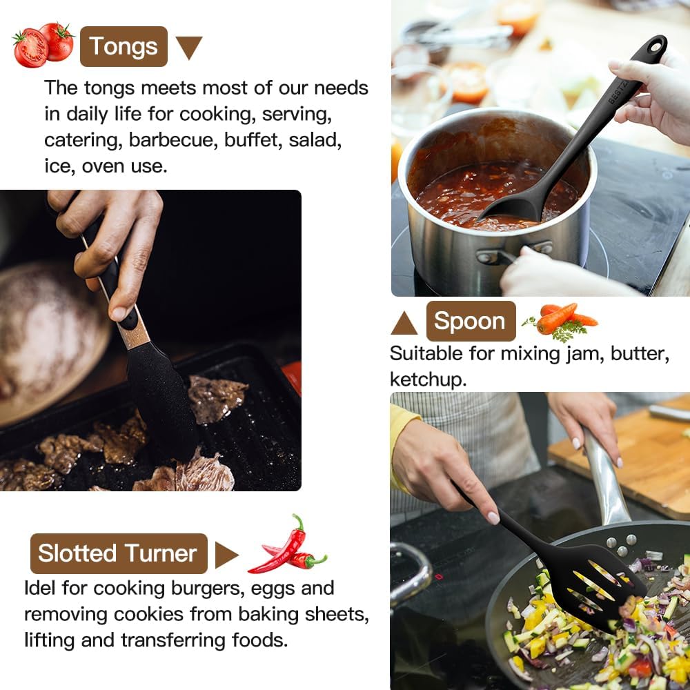 Kitchen Utensil Set - 11 Cooking Utensils - Colorful Silicone Kitchen Utensils - Nonstick Cookware with Spatula Set - Colored Best Kitchen Tools Kitchen Gadgets (Black)