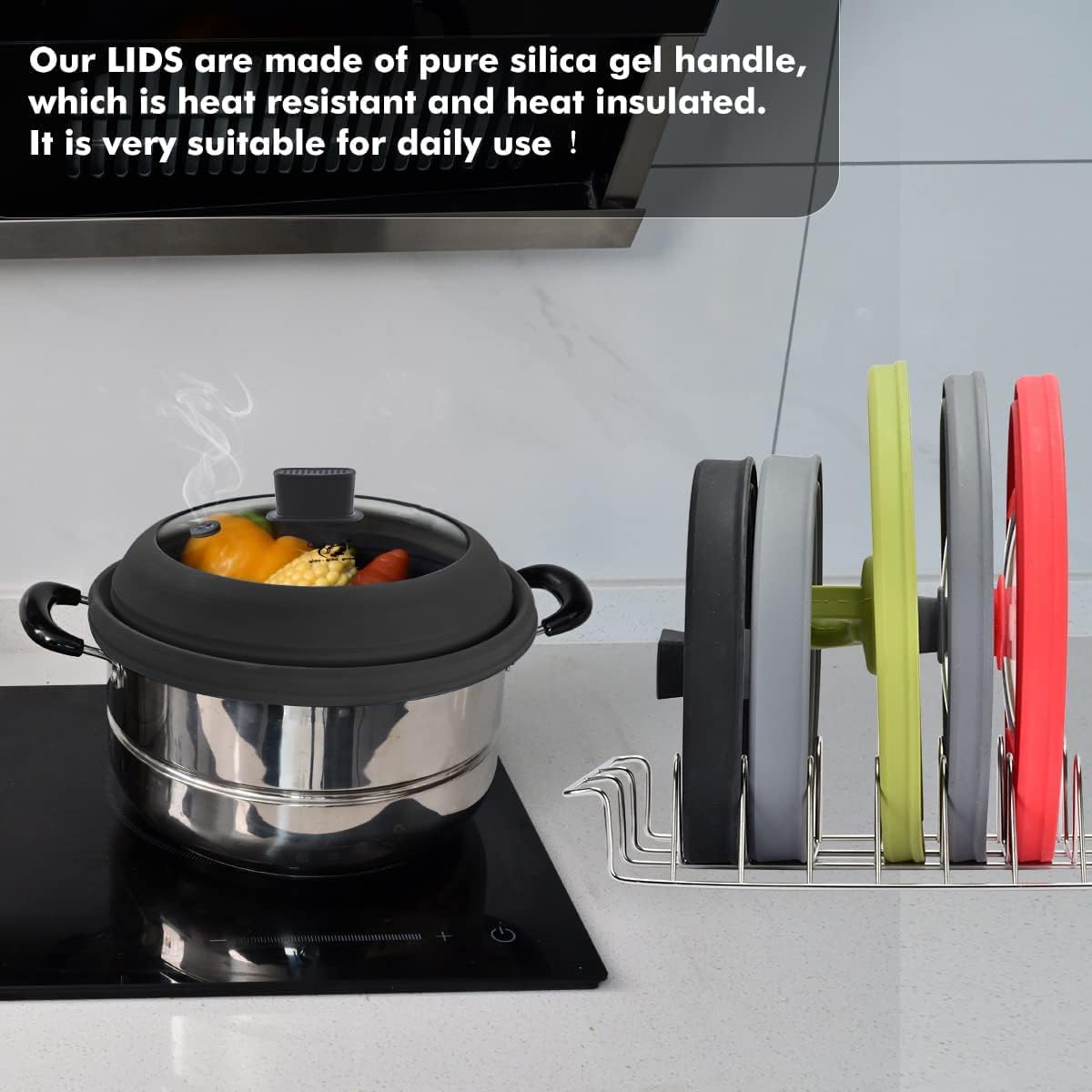 Microwave Splatter Cover Glass Cover Guard Lid with Collapsible Silicone for Food Pot Plate Cover 11.8 inch Black