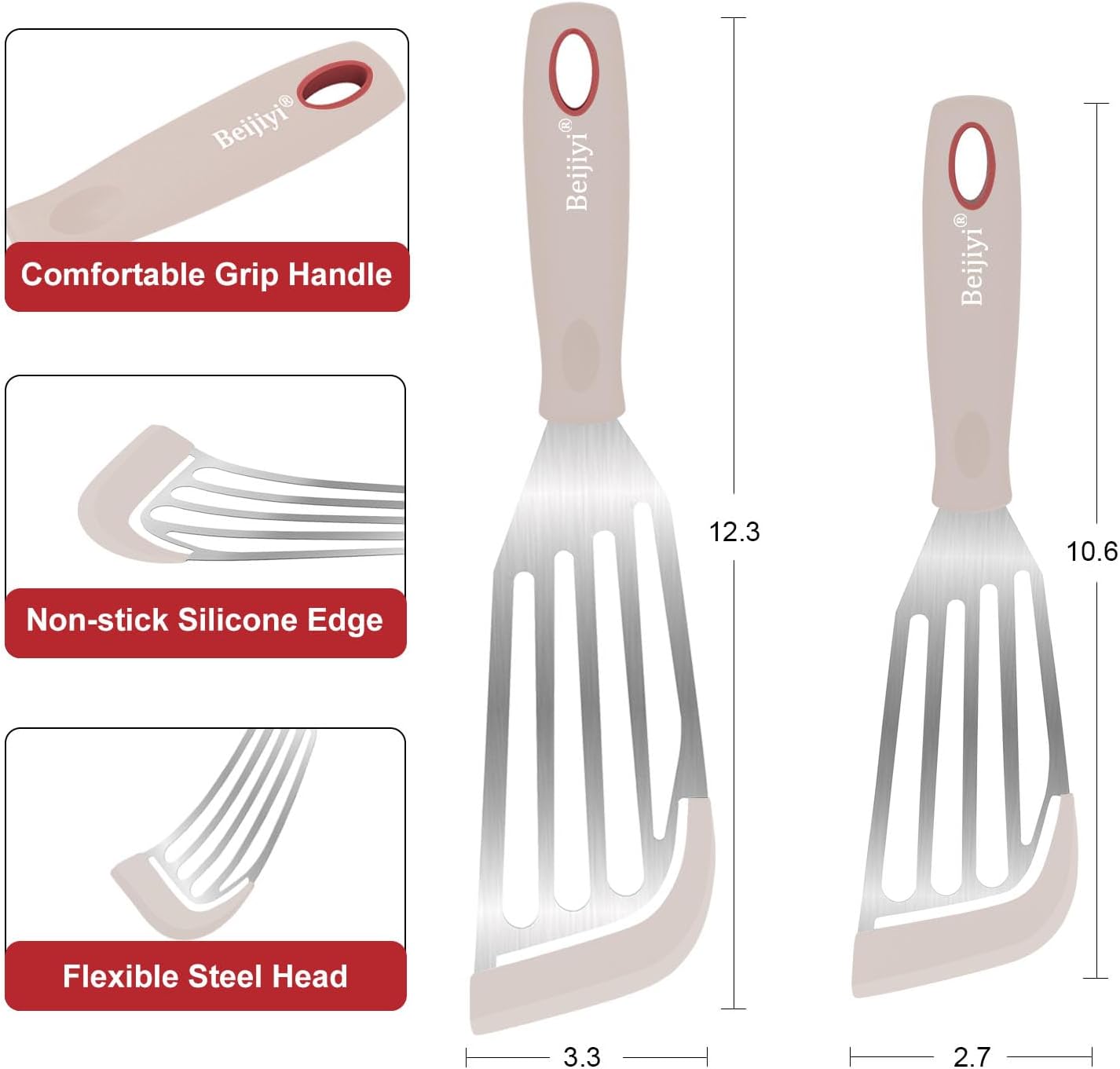 Beijiyi Silicone Fish Spatula Set, 2-Piece Heat Resistant Fish Turner Spatula for Non Stick Frying Pan, Flexible Kitchen Cooking Utensils, Slotted Egg Flipper, Large 12.3 In, Small 10.6 In, Khaki