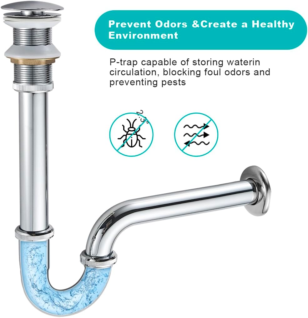 U-Shape Bottle Trap for Bathroom Sink, 1-1/4 P-trap Slip Inlet Drain Complete Kit, Lavatory Sink Stopper Set Without Overflow, Chrome