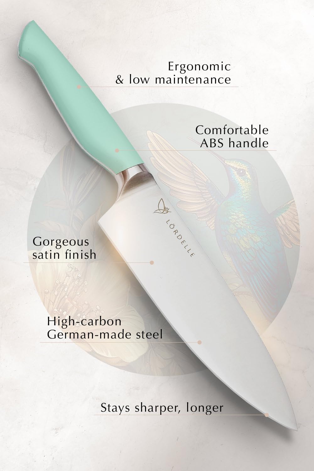 Lordelle Knife Block Set - 5 Piece Set - Coastal Green - Lifestyle Home Kitchen Design - German X50 Stainless Steel - ABS Handle - Ash Wood Block - Cooking Chef Knife, Santoku, Paring, Utility