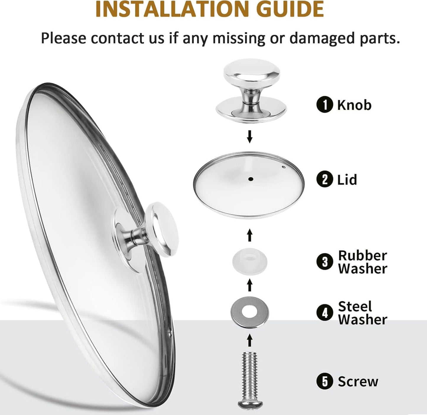 Glass Lid for 9.5 Inch Black Cast Iron Skillets Frying Pans, 24cm Tempered Lids for Dutch Ovens, 9.5 In Pan Cover with Stainless Steel Rim for Stock Pots, Dishwasher Safe