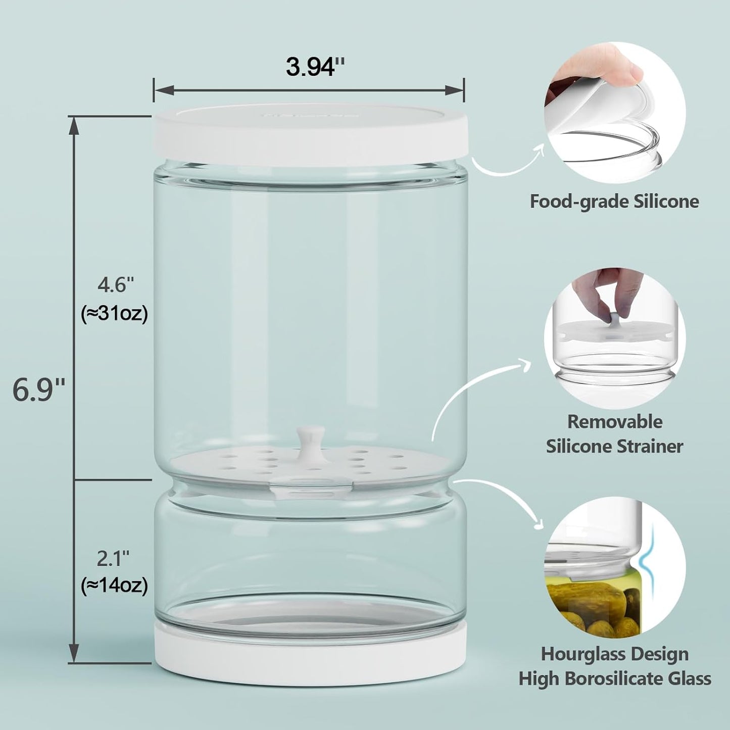 Glass Pickle Jar with Strainer Flip for Pickle Lover - 45OZ Leakproof Airtight Juice Separator for Olive, Gherkin or Chilli, BPA Free, Dishwasher and Refrigerator Safe (White, 45 oz*1 pack)