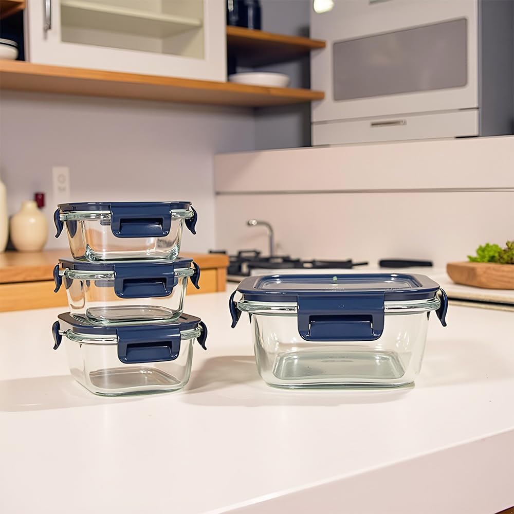 Square Glass Food Storage Containers With Lids,2 Cup Square Glass Containers With Lids, Small Food Containers, 16 oz Leak-proof lunch Bowls, Dishwasher Microwave Freezer Safe -(Dark Blue)