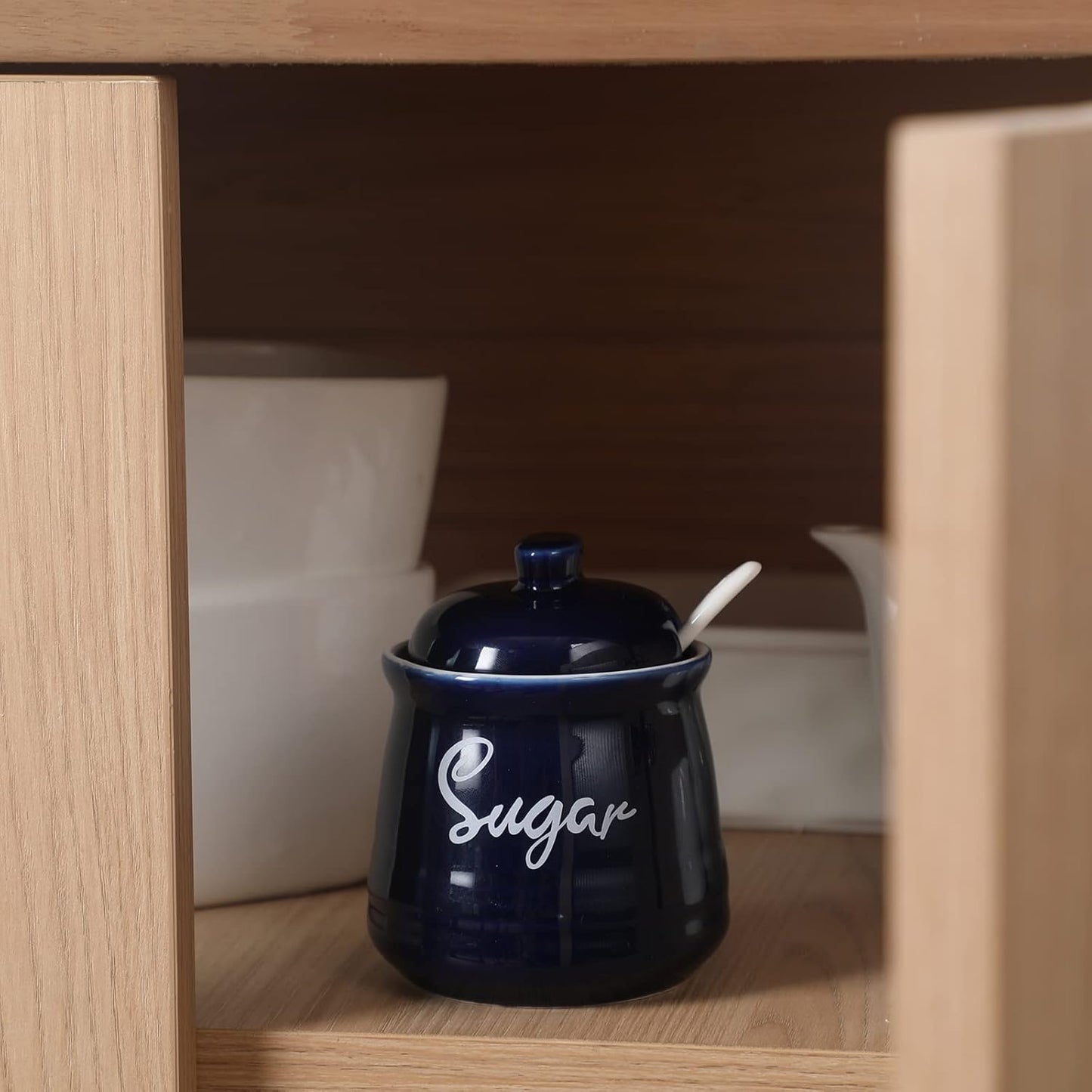 HAOTOP Farmhouse Porcelain Sugar Bowl with Lid and Spoon 12oz,Easy to Clean (Navy)