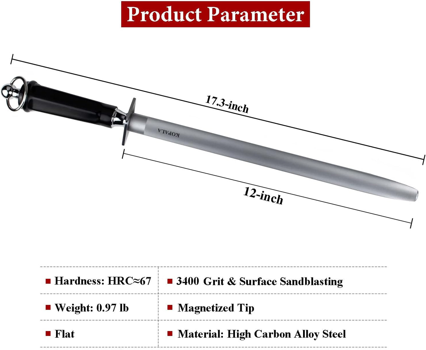 Sharpening Steel Knife Sharpener Rod Flat 12 Inches Honing Steel for Knives Dark