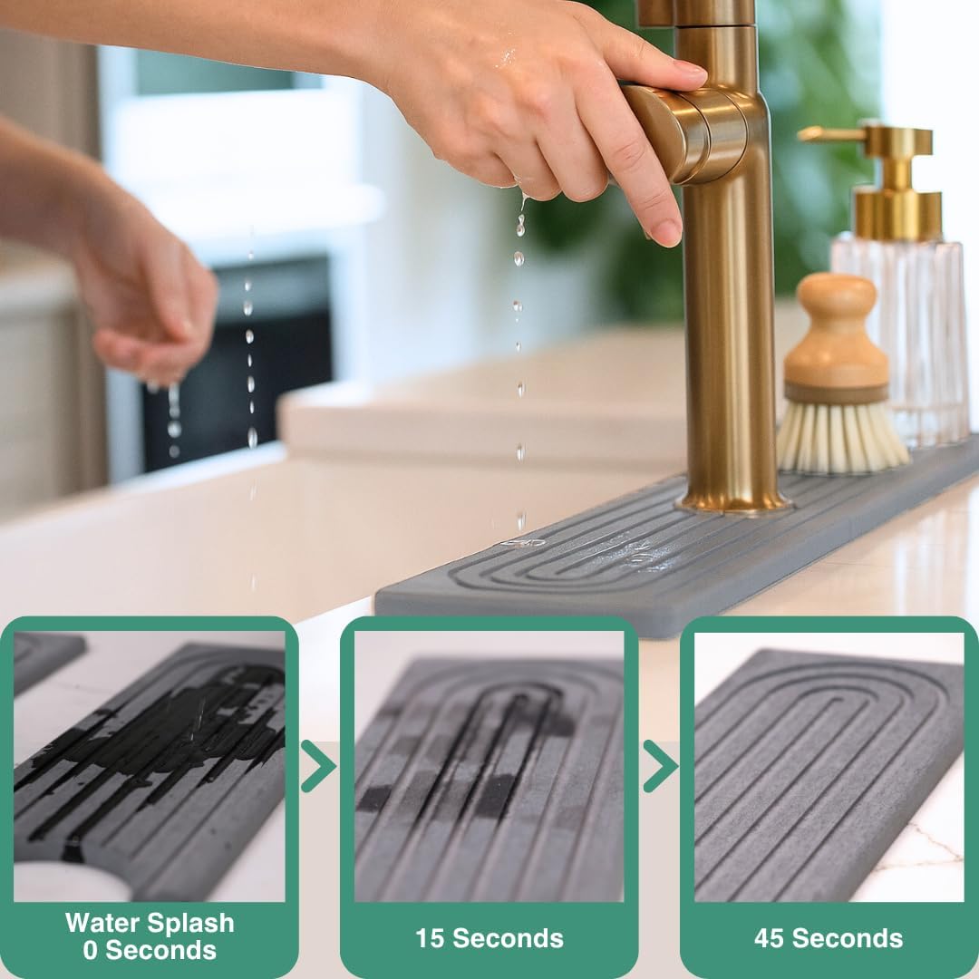 Drying Stone Faucet Mat for Kitchen Sink | Diatomite Sink Tray | Super Absorbent Quick Drying Stone Mat | Kitchen Tray for Counter | Faucet Splash Guard for Bathroom Counter (Dark Gray, 23.6" x 3.9")