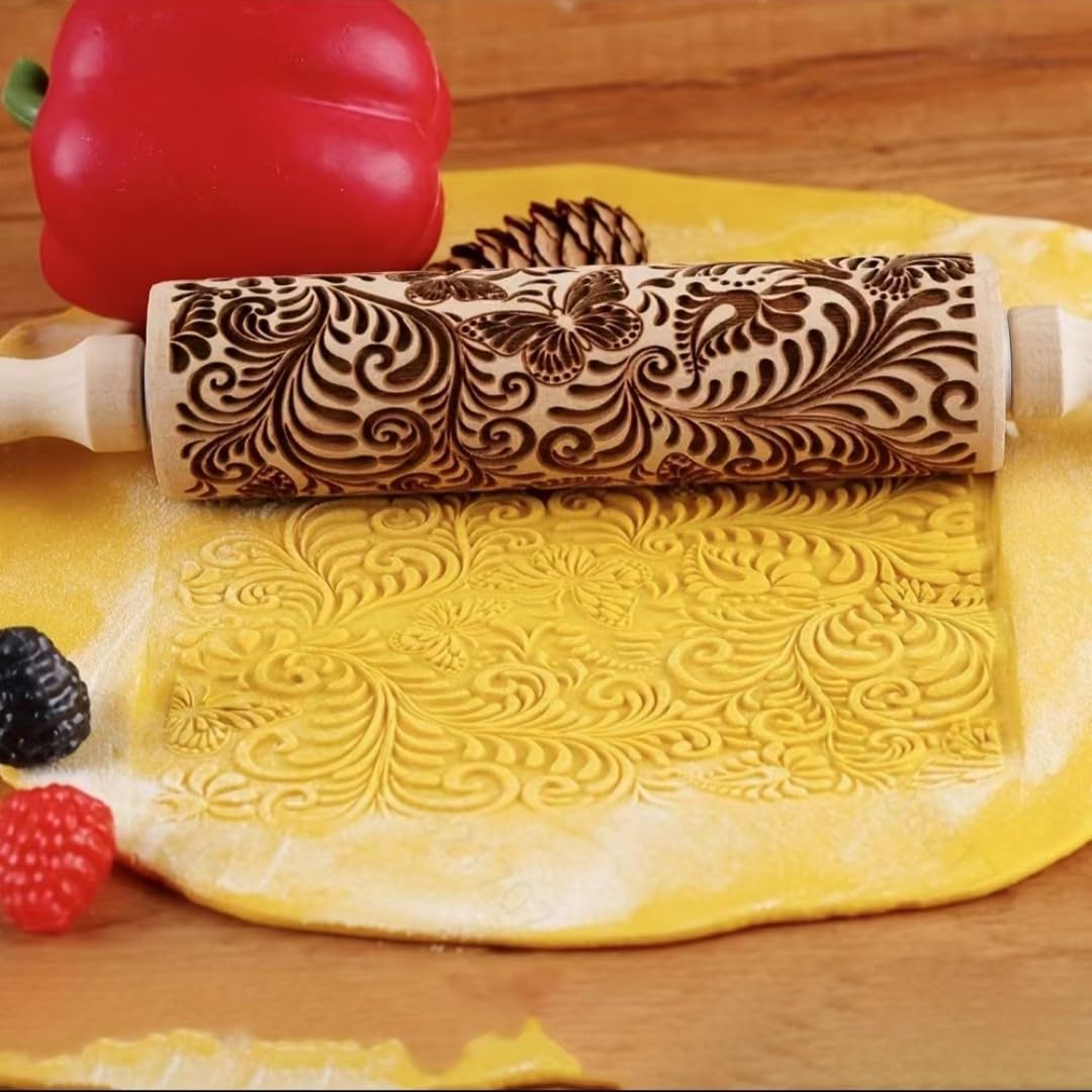 Floral Embossed Rolling Pins for Cookies, Wooden Engraved for Baking, Butterfly Embossing Rolling Pins with Designs, Patterned Rolling Pin Decorative Springerle Stamp Clay Pattern Roller