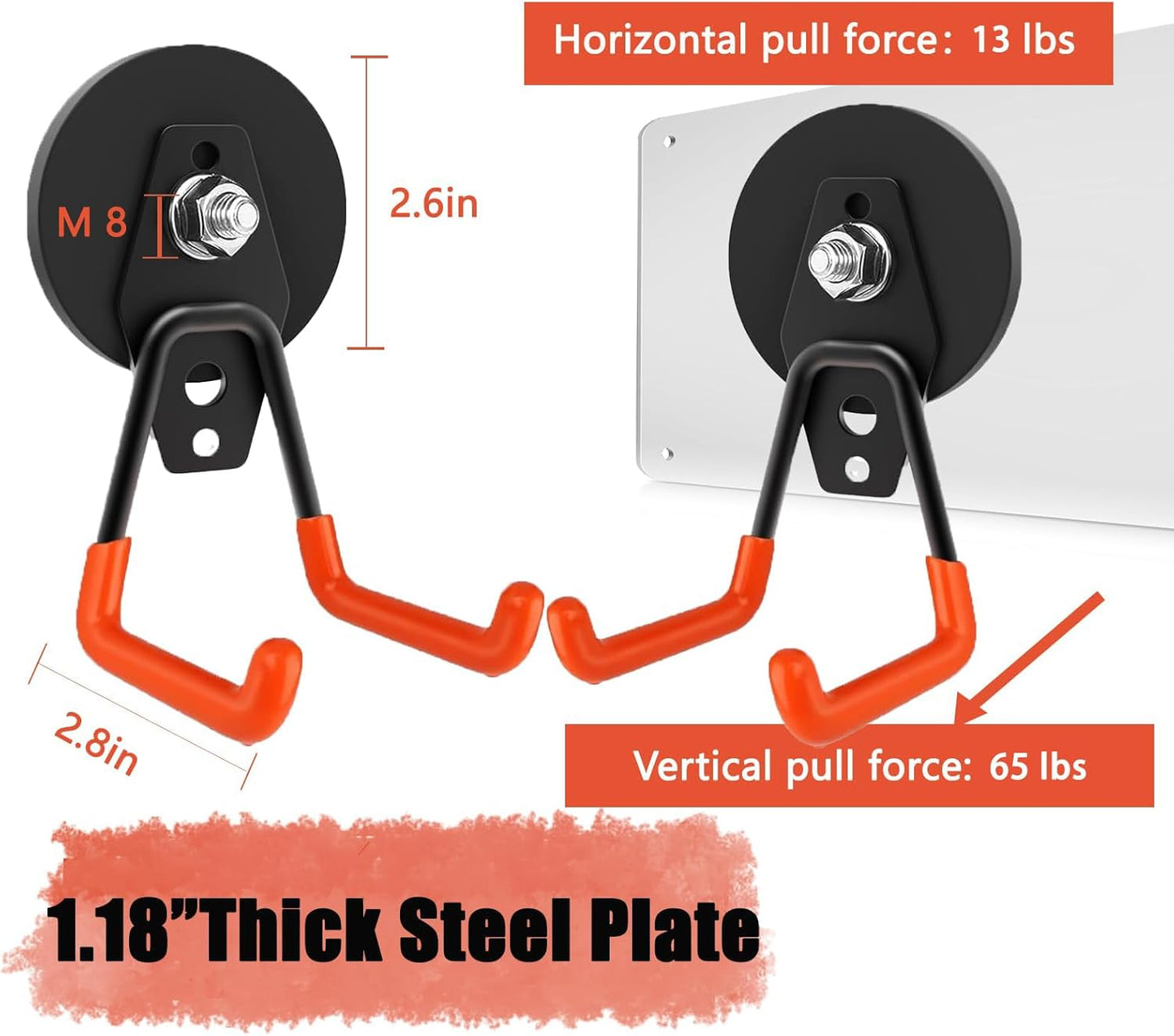 Heavy Duty Magnetic Garage Hook,4 Pack Strong Large Magnet Hooks for Power Drill,Garden Tools,Hose,Pegboard,Garage, Workshop,Magnetic Storage Hooks for Indoor Outdoor Hanging(Orange)