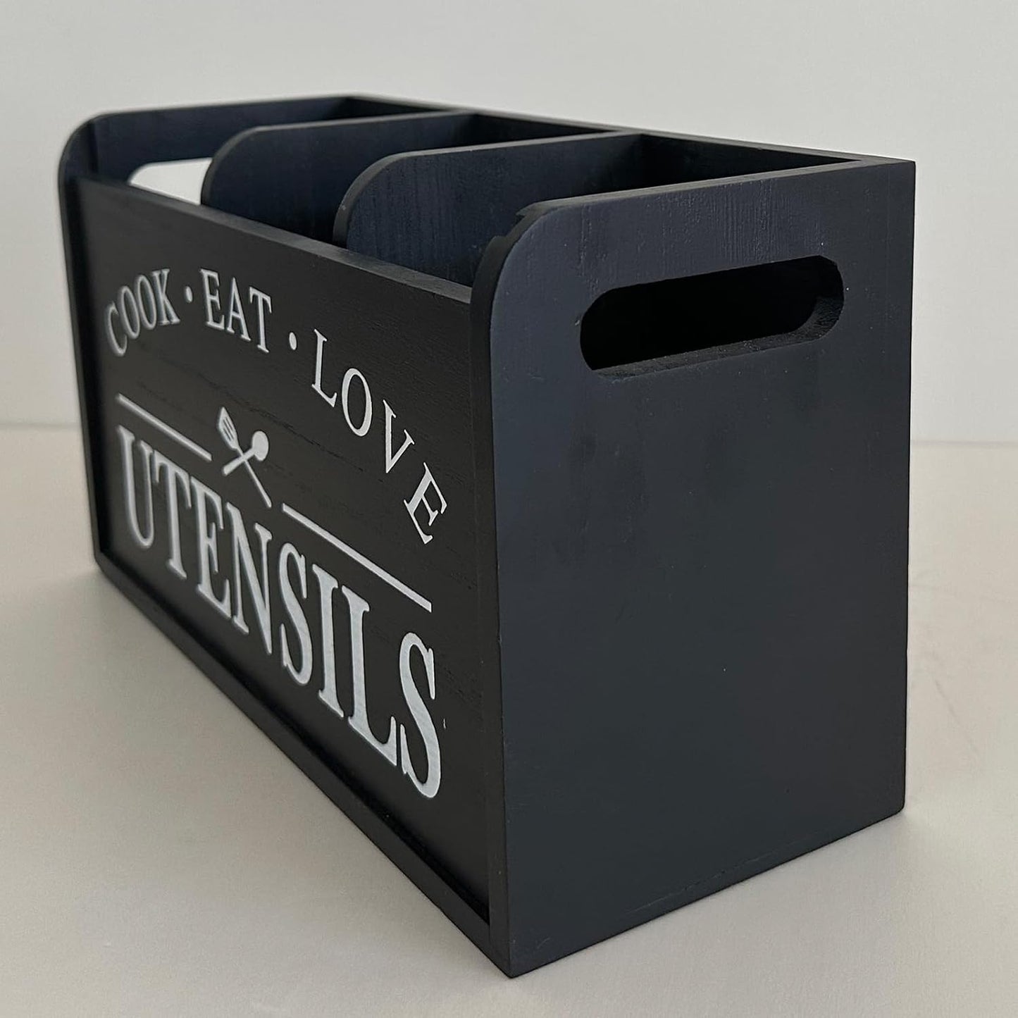 Solid Wood Farmhouse Cooking Utensils Organizer: Large Countertop Utensil Holder, 3 Compartments - Black