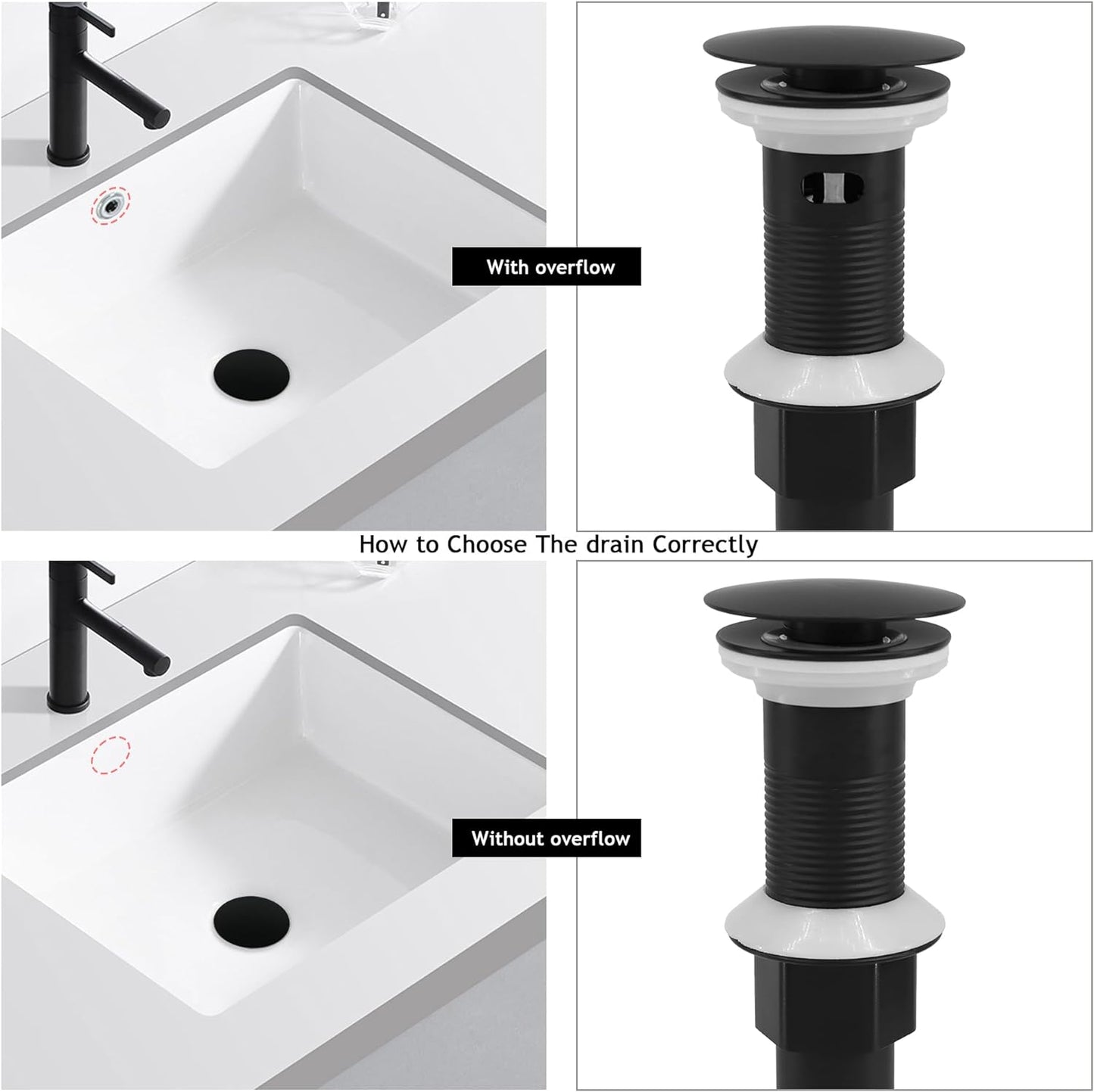 Bathroom Sink Drain,4 Pack Drain Stopper with Overflow,Pop Up Drain Assembly with Detachable Strainer Basket,Built-in Anti-Clogging, Stainless Steel Nut Mattle Black