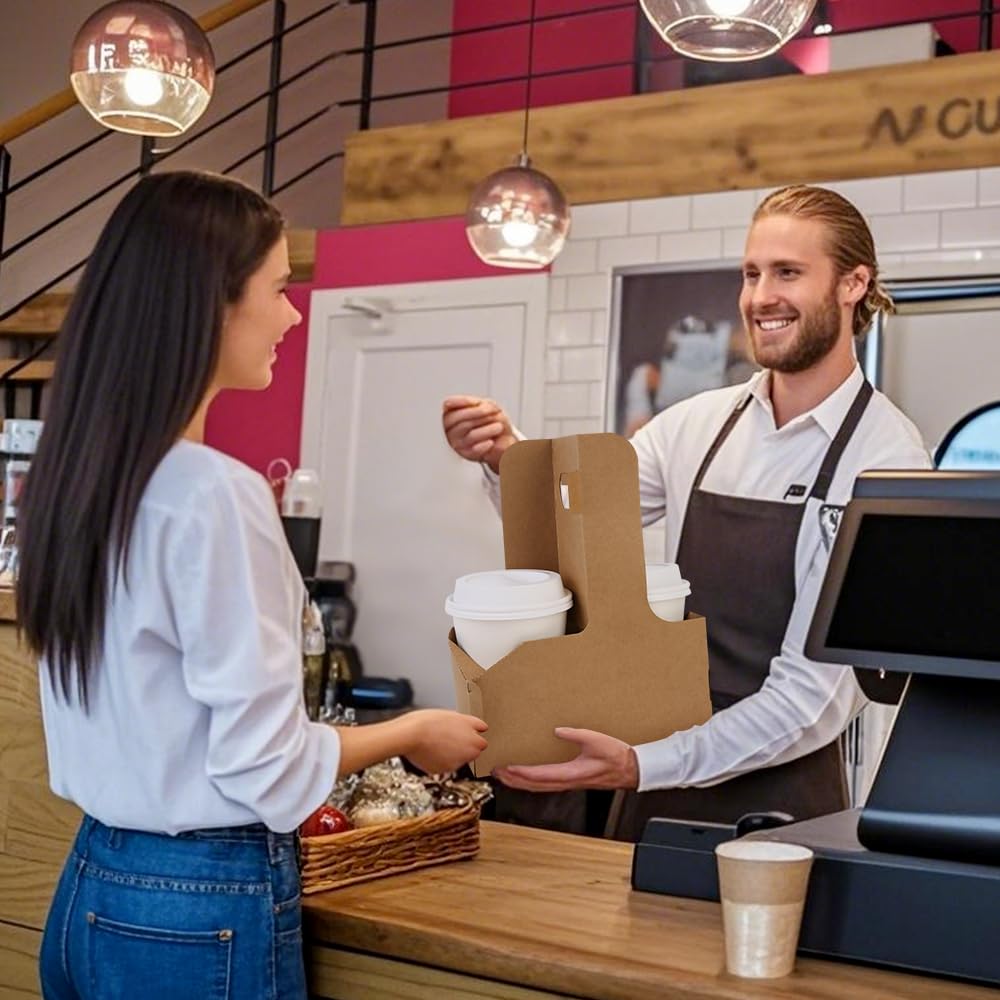 Bodaon 2 Cup Drink Carrier with Handle, 15 Pcs Cardboard Cup Holders, Disposable Drink Carriers for Delivery, Kraft Paper Coffee Cup Holder to Go, Take Out Cup Carriers for Hot/Cold Drinks