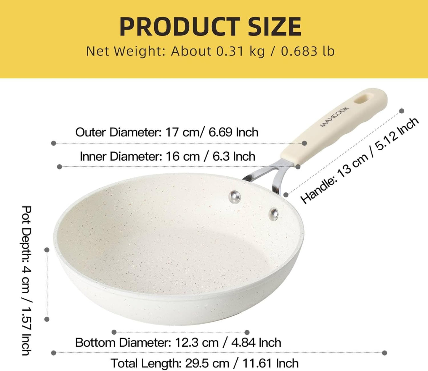 Mini Nonstick Egg Pan, 6.3 Inch Omelet Pan, Small Single Serve Egg Nonstick Skillet, Medical Stone Coating Cookware with Heat-Resistant Handle (16 cm, White)