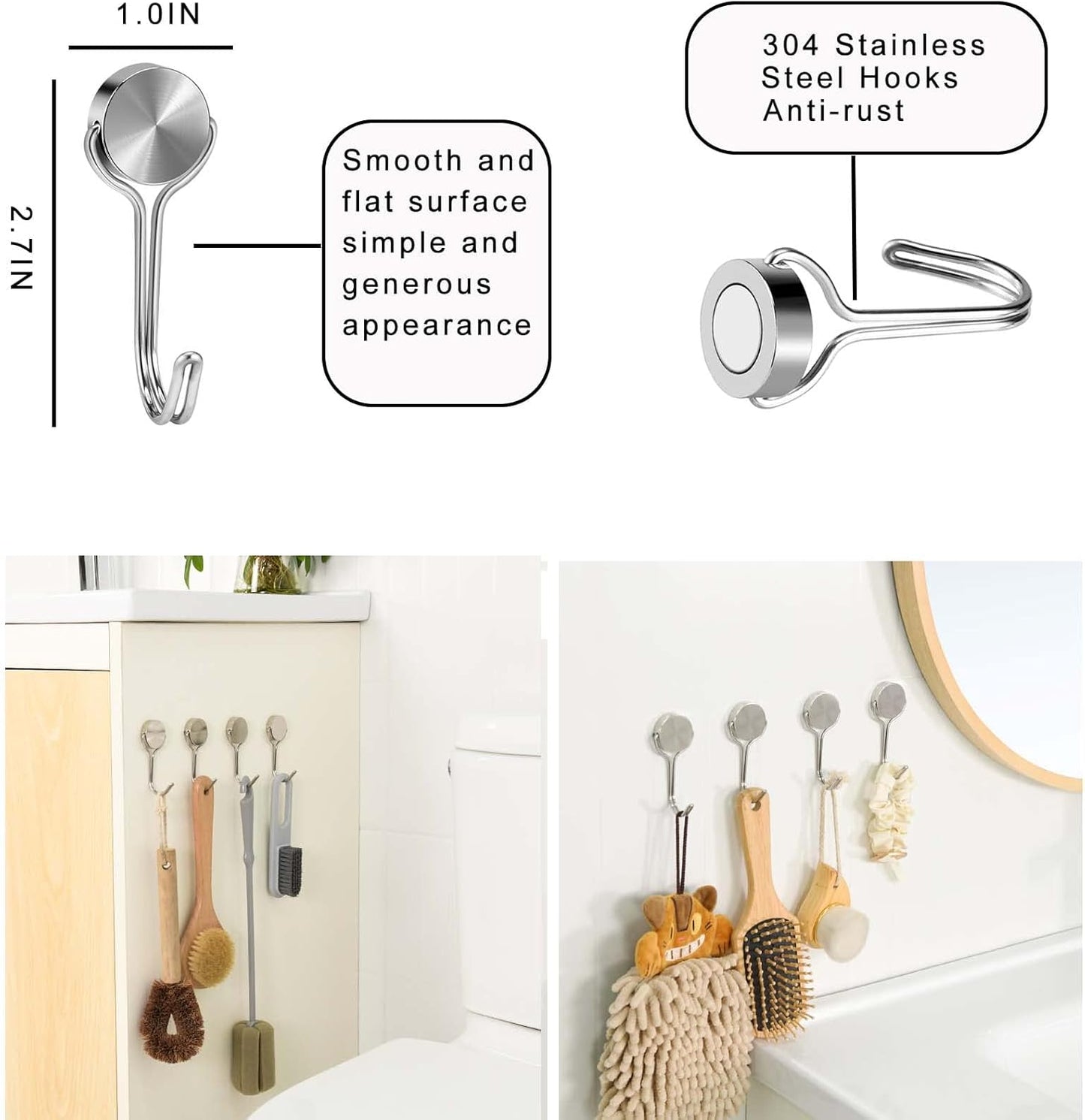 Magnetic Hooks, Heavy Duty 304 Stainless Steel Magnet Hooks for Cruise Refrigerator Grill,Strong Magnet with Hooks for Home Kitchen, Garage Toolbox,4pack (Silver,1.1in-1 22Lbs)