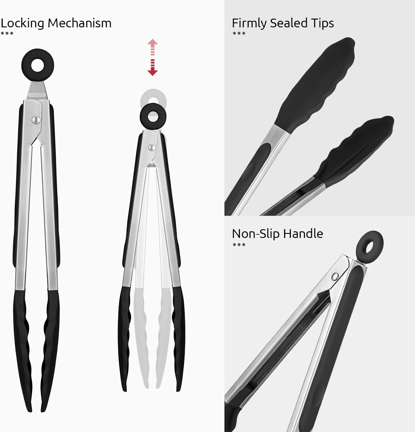 600ºF Heat Resistant Kitchen Tongs: U-Taste 9 inch Silicone Cooking Tong with Firm Sealed Non Stick Rubber Tips & Silicon Coated 18/8 Stainless Steel Handle & Smooth Locking for Serving Salad (Black)