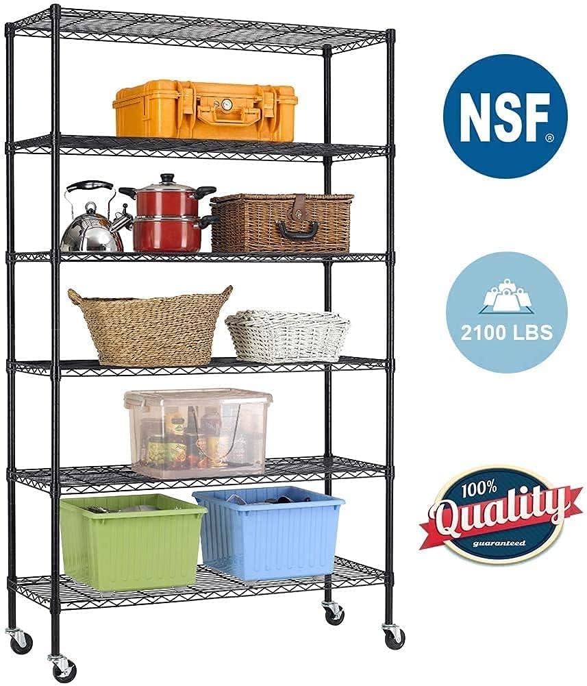 FDW 48"L×18"W×82"H Wire Shelving Unit Storage Cart Metal Shelf Rolling Utility Cart 2100Lbs Capacity with 6 Tier Casters Adjustable Layer Rack Strong Steel for Restaurant Garage Pantry Kitchen,Black
