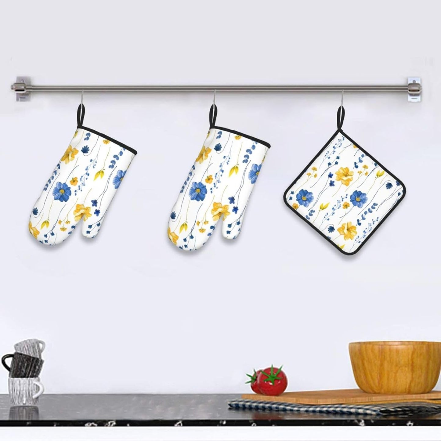 Navy Blue Yellow Flower Oven Mitts and Pot Holders Sets of 3 Watercolor Floral Decorative Hot Pads Heat Resistant Non Slip Washable for Cooking Grilling Baking BBQ Kitchen Decor