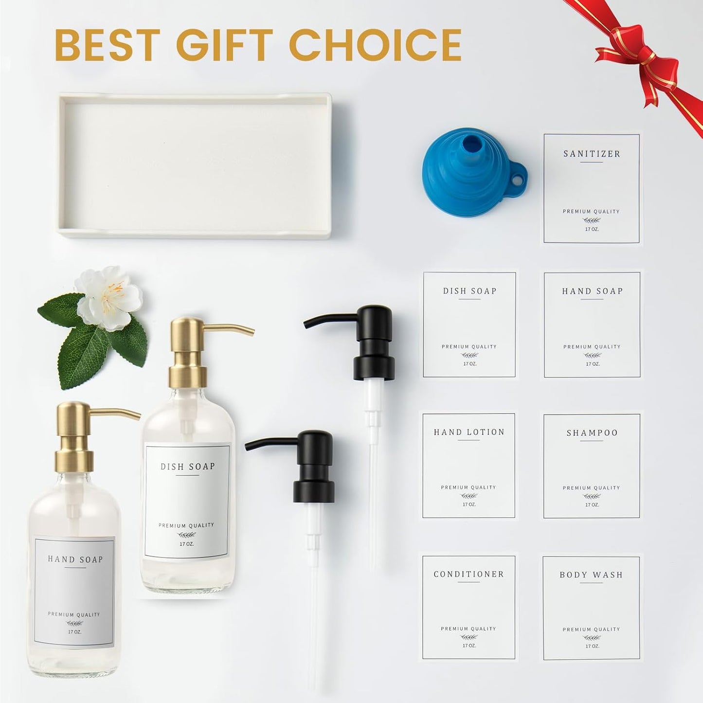 Glass Soap Dispenser for Kitchen, Farmhouse Dish Soap Dispenser&Hand Soap Dispenser Set,Rustproof Pump Lotion Dispenser Bathroom with Tray, Waterproof Label for Kitchen Decor(Clear