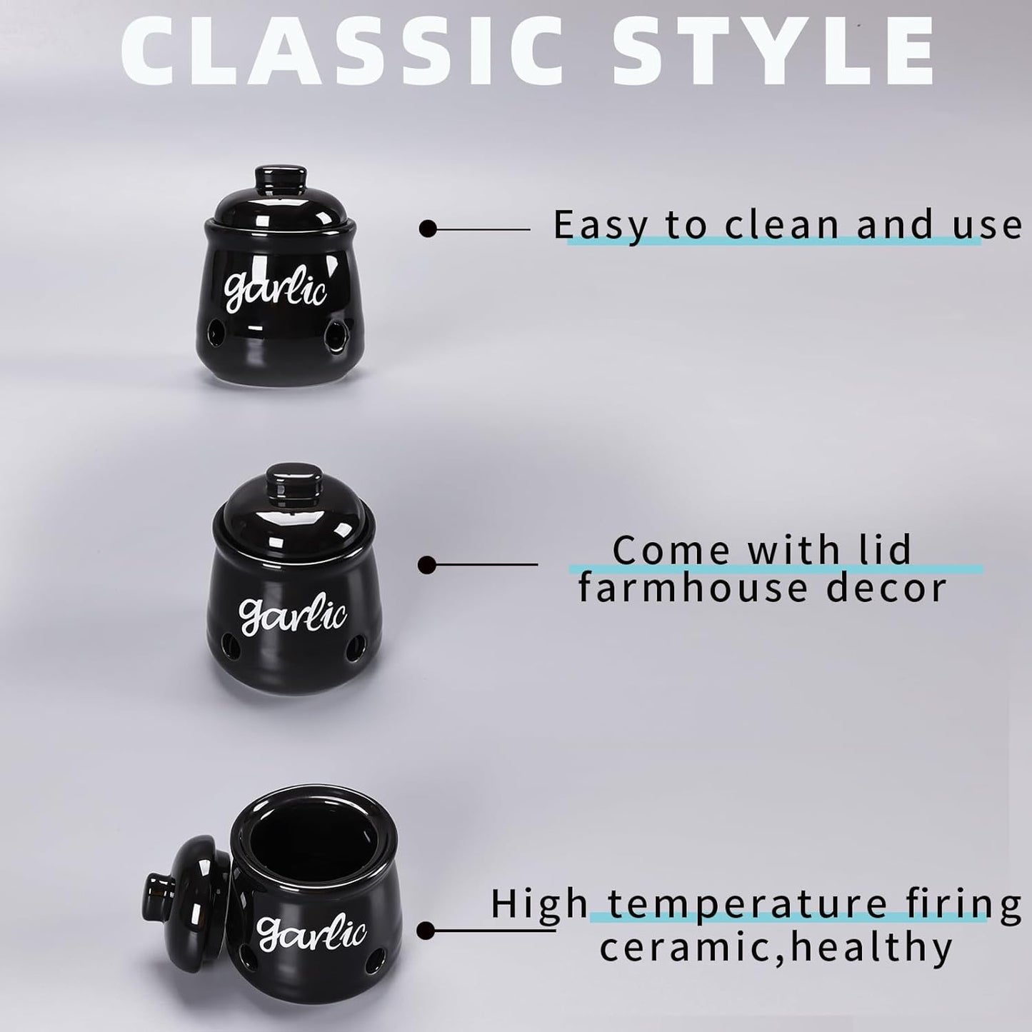 HAOTOP Garlic Keeper with Lid, Ceramic Mini Garlic Saver Container for Countertop, Farmhouse Kitchen Decor (Black)