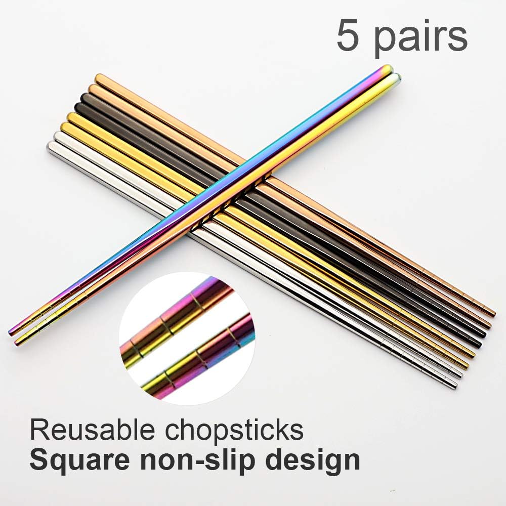 Stainless Steel Chopsticks Reusable Multicolor Lightweight 304 Metal Chopsticks Dishwasher Safe - 5 Pairs (Multi)