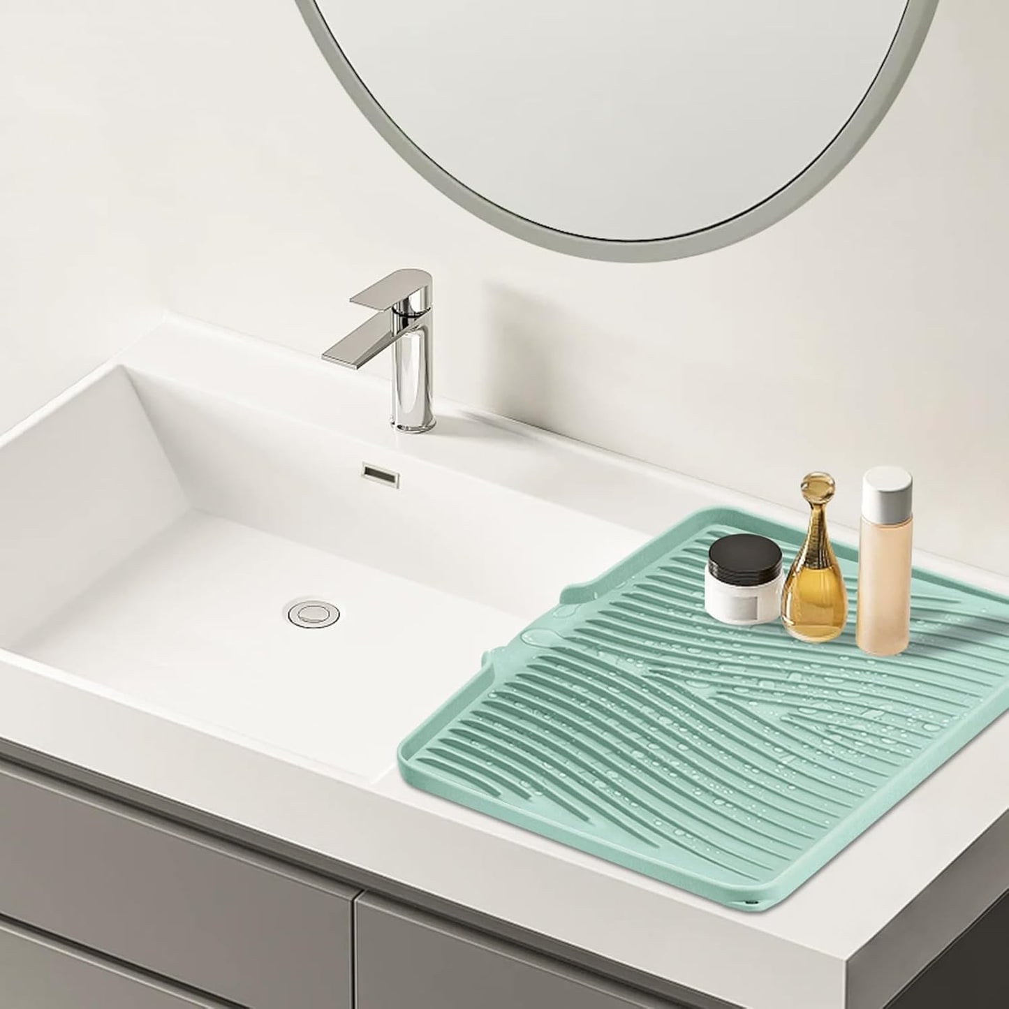 Dish Drying Mat, Stone Drying Mat for Kitchen Counter with Built-in Drain, Non-Slip Drying Matt Kitchen Counter, Heat Resistant Silicone Drying Mat, Dish Drying Pad, 2 Pcs (Mint 19.7" x 17")