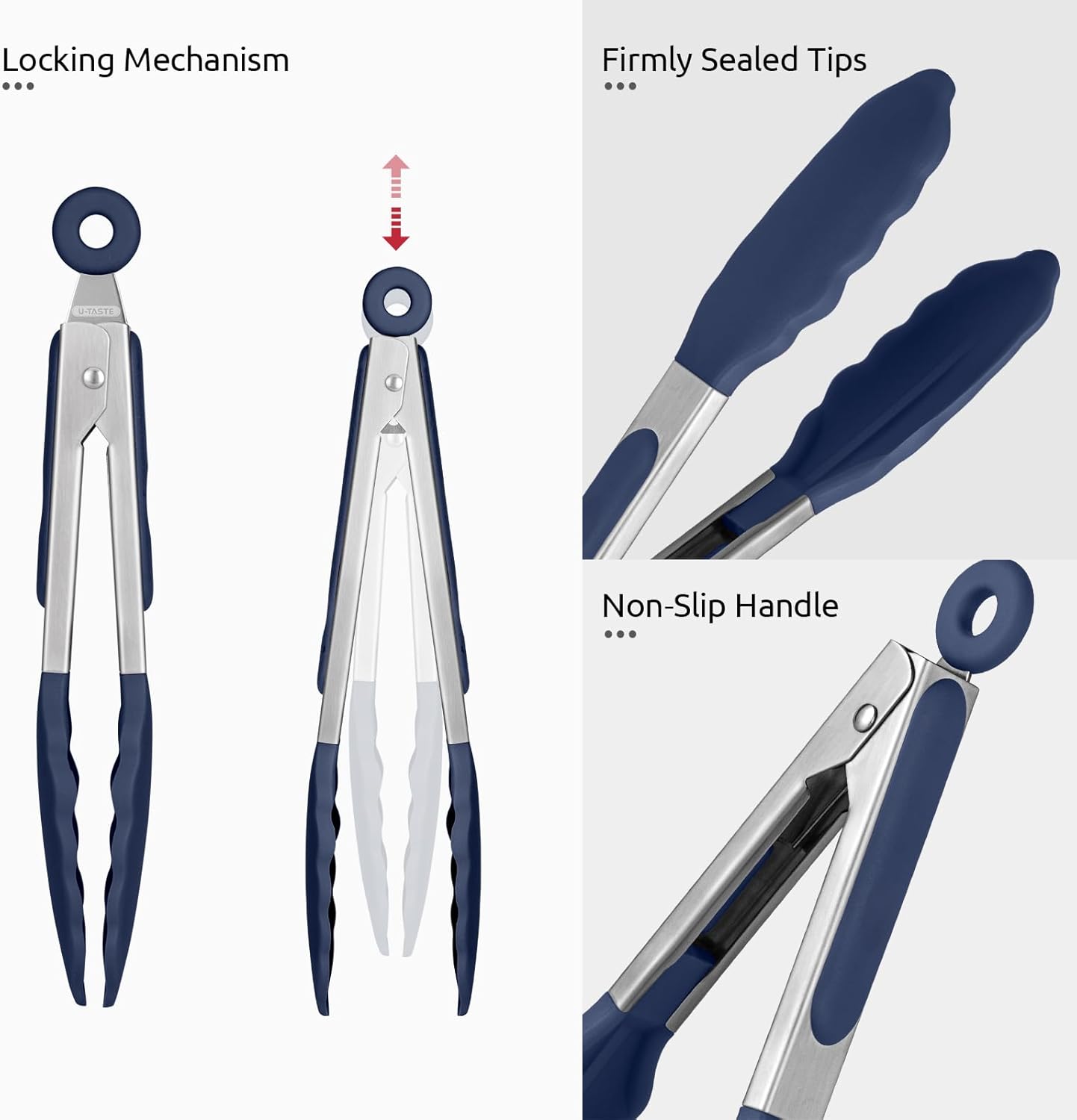 480ºF Heat Proof Kitchen Tong: U-Taste 7" Silicone Cooking Tong with Firm Sealed Non Stick Rubber Tips & Silicon Coated 18/8 Stainless Steel Handle & Smooth Locking for Serving Salad (Midnight Blue)